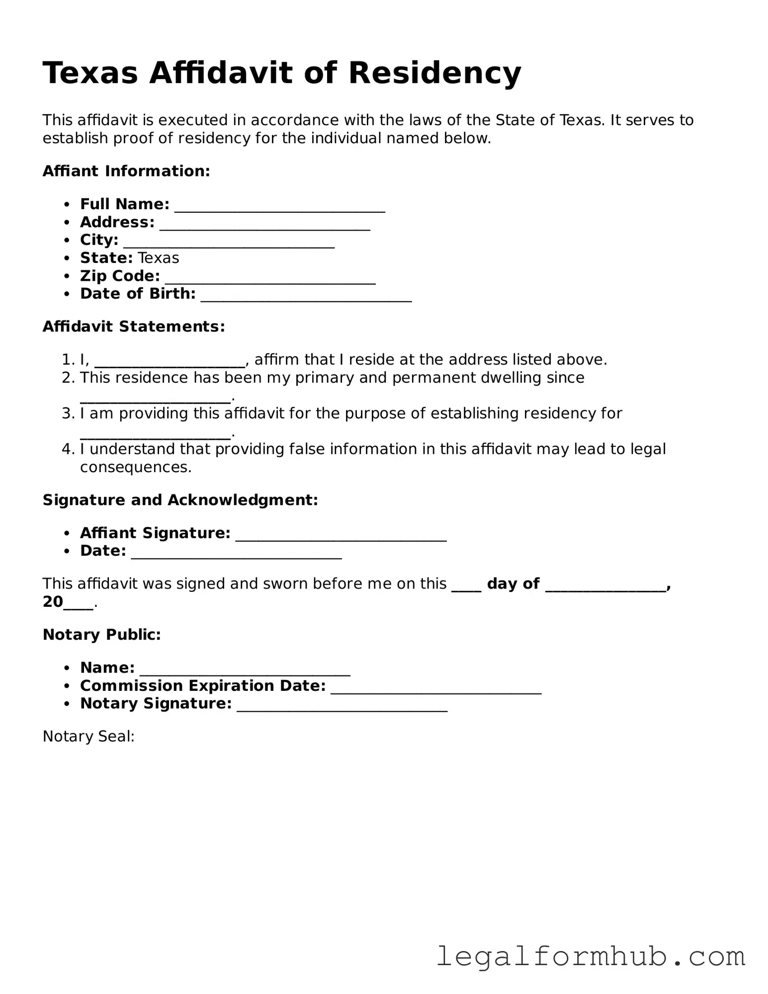 Free  Affidavit of Residency Template for Texas