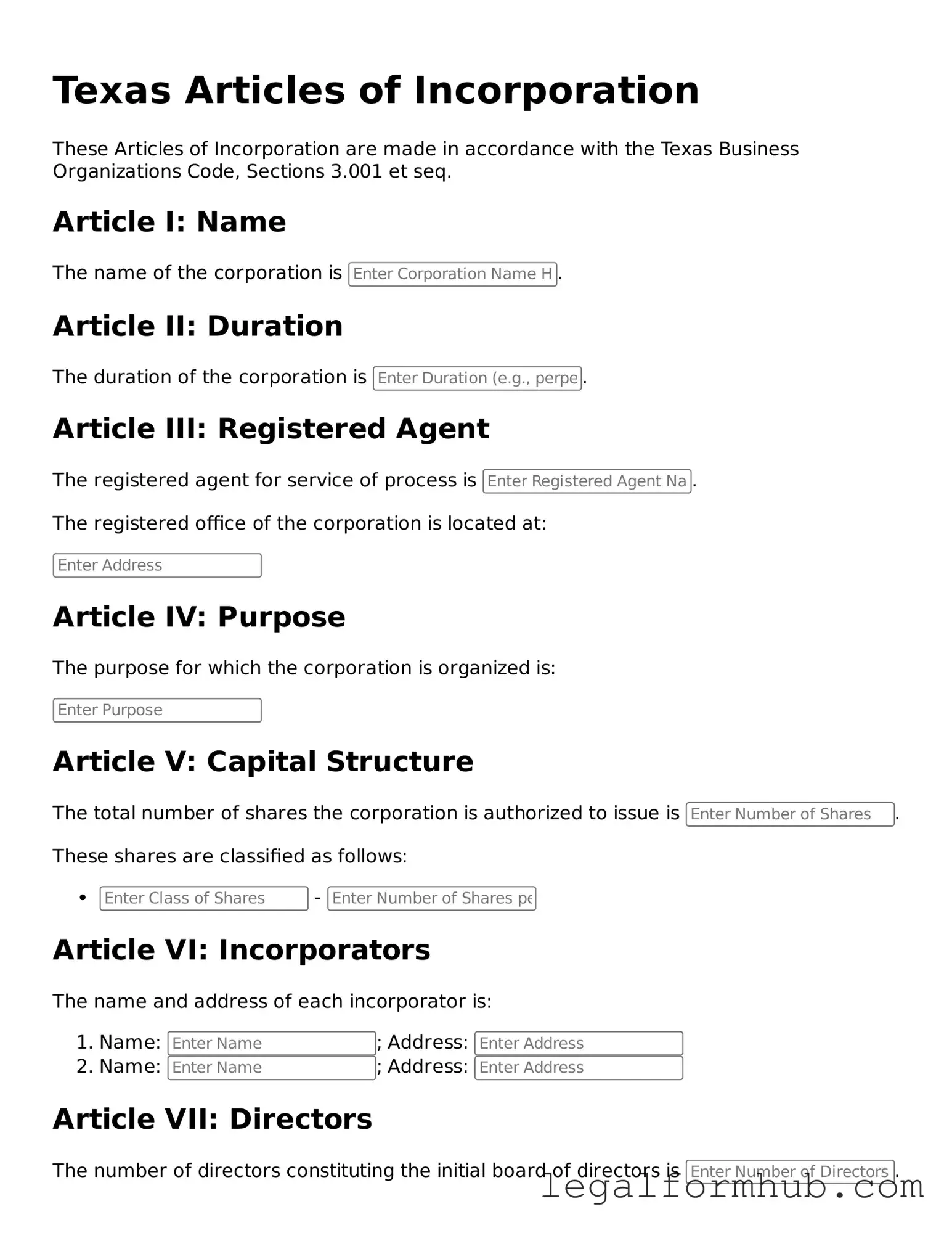 Free  Articles of Incorporation Template for Texas