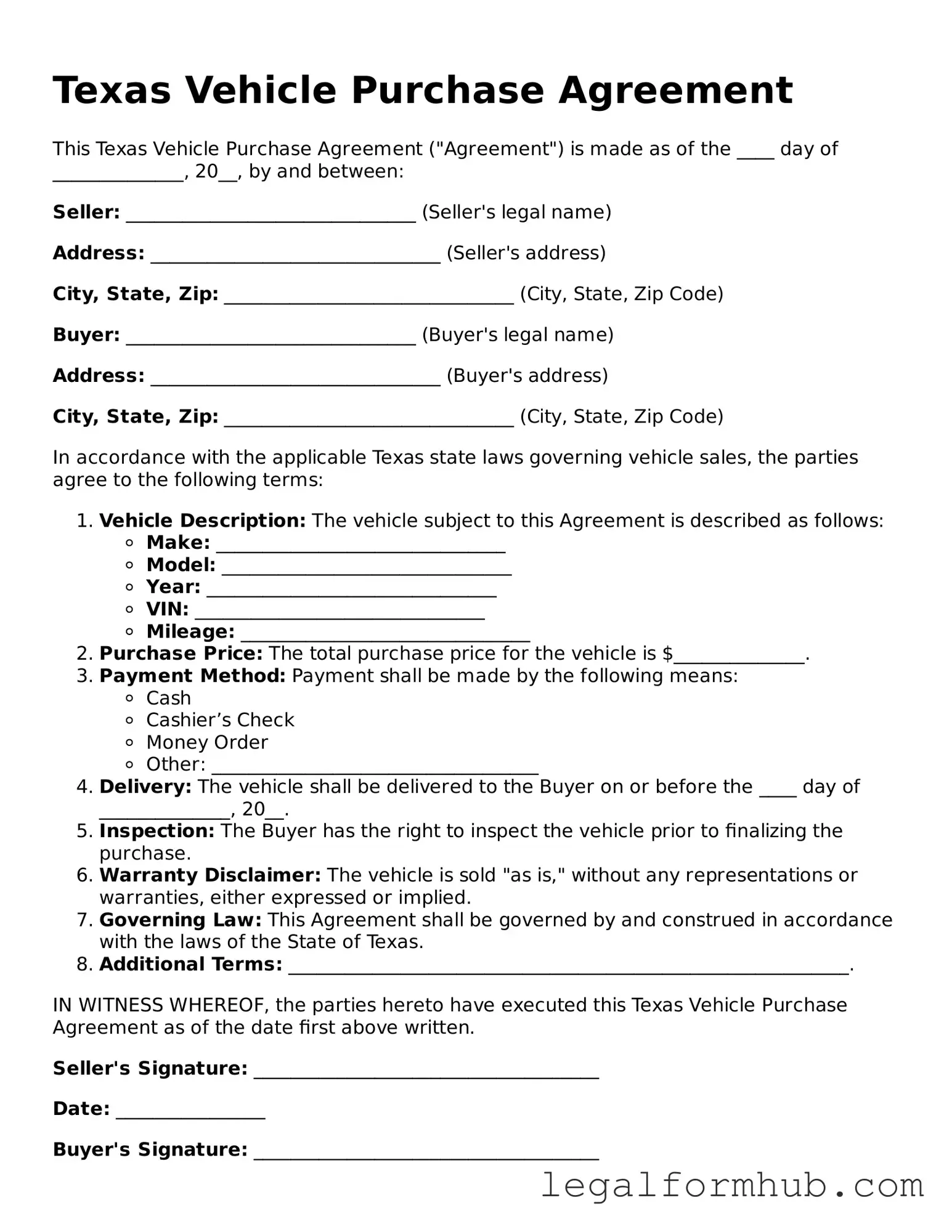 Free  Vehicle Purchase Agreement Template for Texas