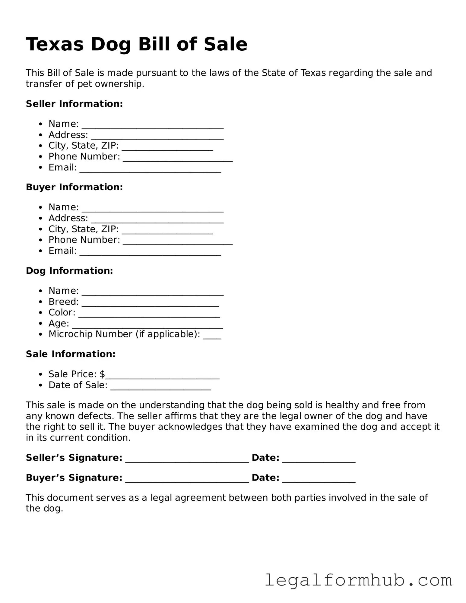 Free  Dog Bill of Sale Template for Texas