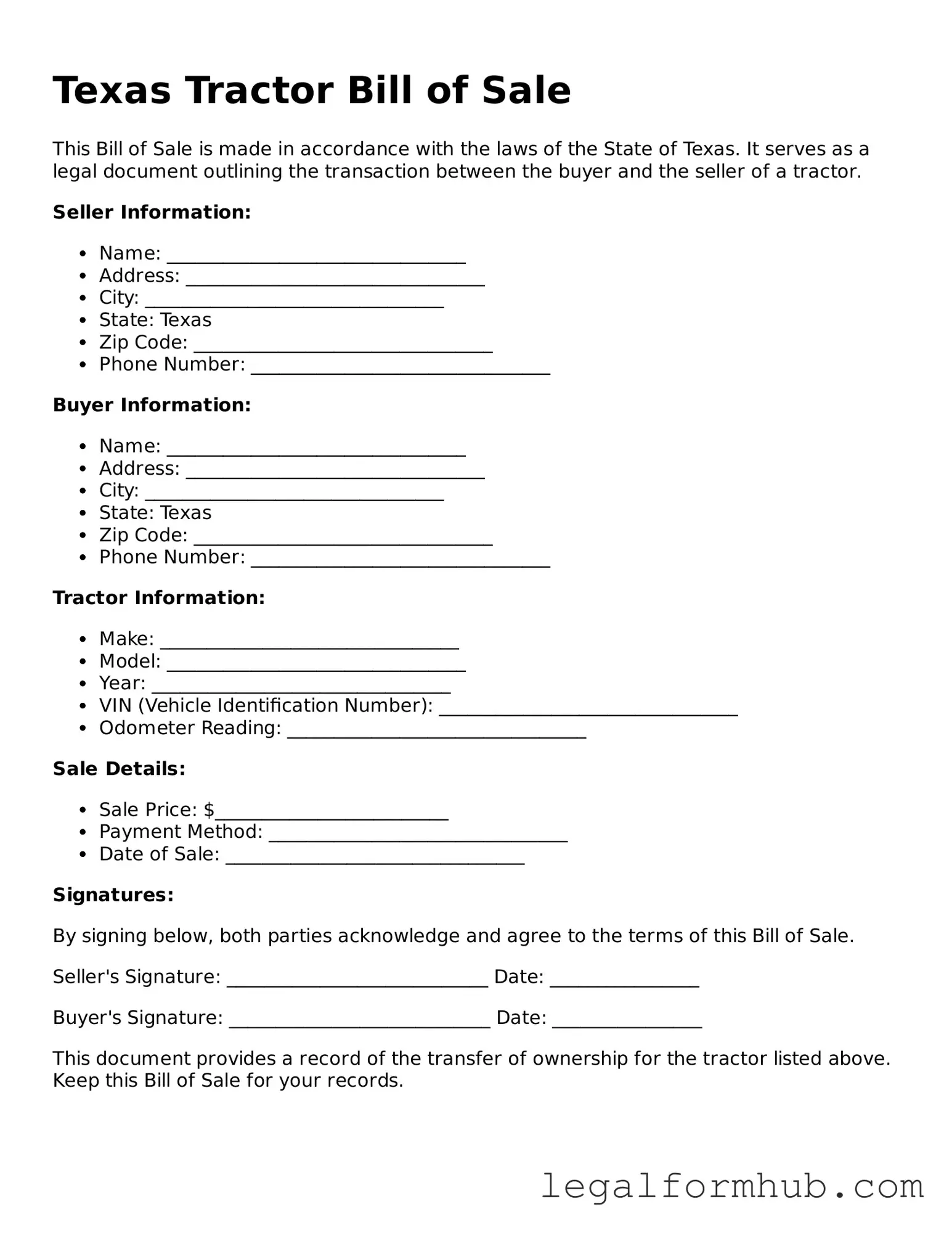 Free  Tractor Bill of Sale Template for Texas