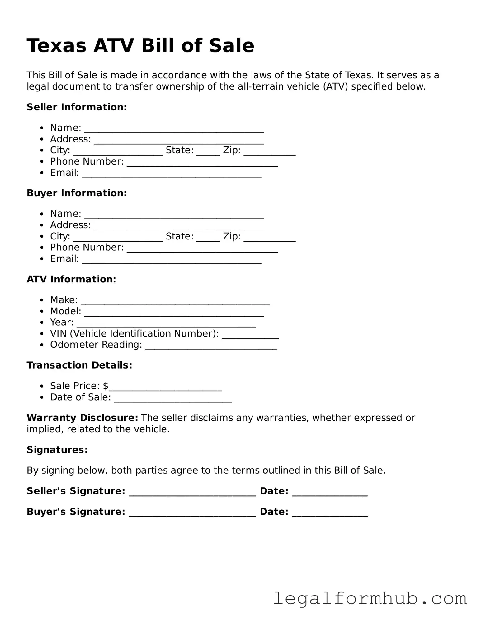 Free  ATV Bill of Sale Template for Texas