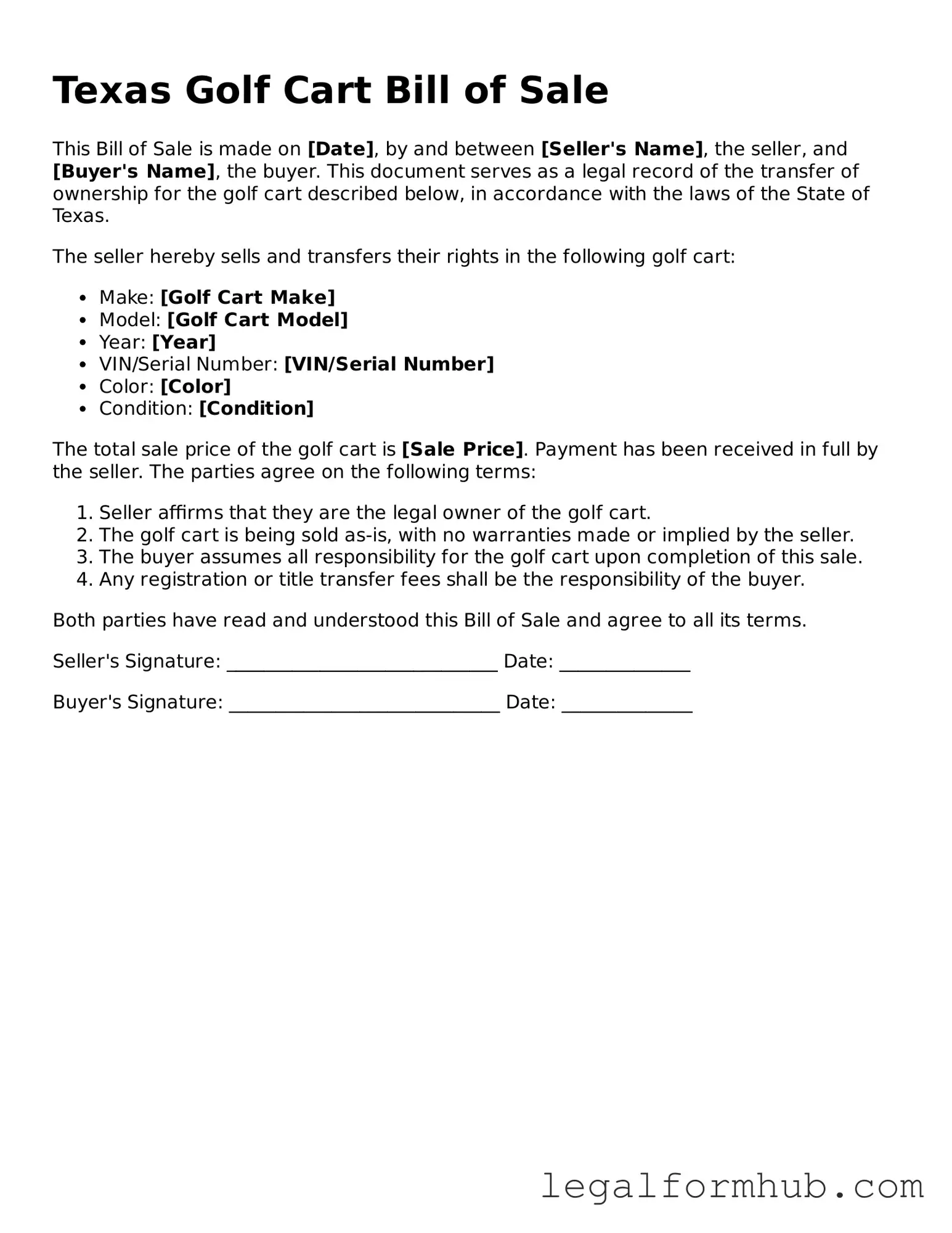 Free  Golf Cart Bill of Sale Template for Texas
