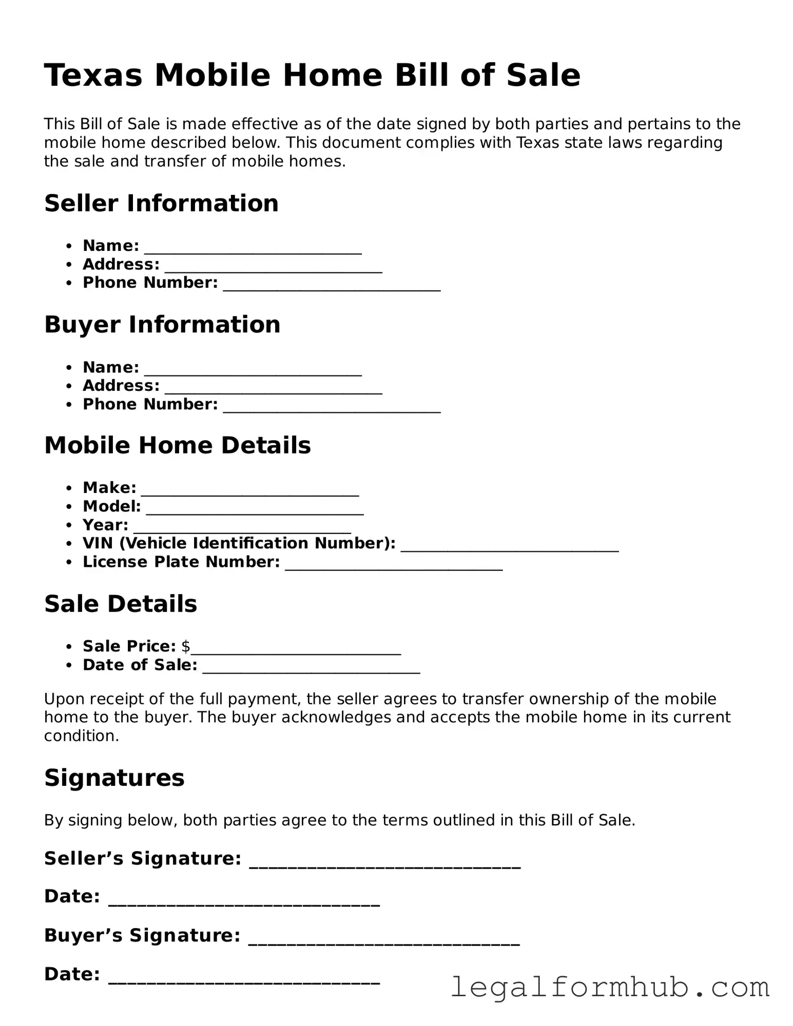 Free  Mobile Home Bill of Sale Template for Texas