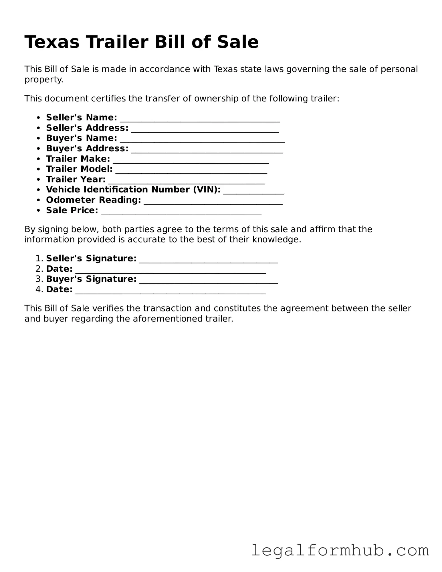Free  Trailer Bill of Sale Template for Texas