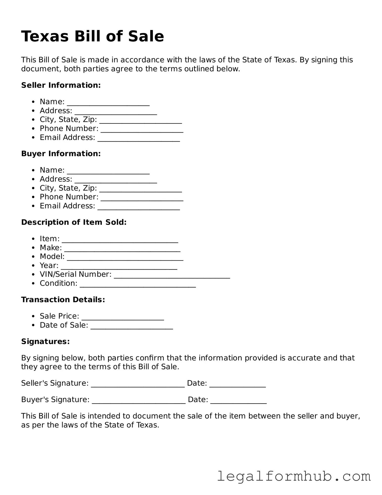 Free  Bill of Sale Template for Texas