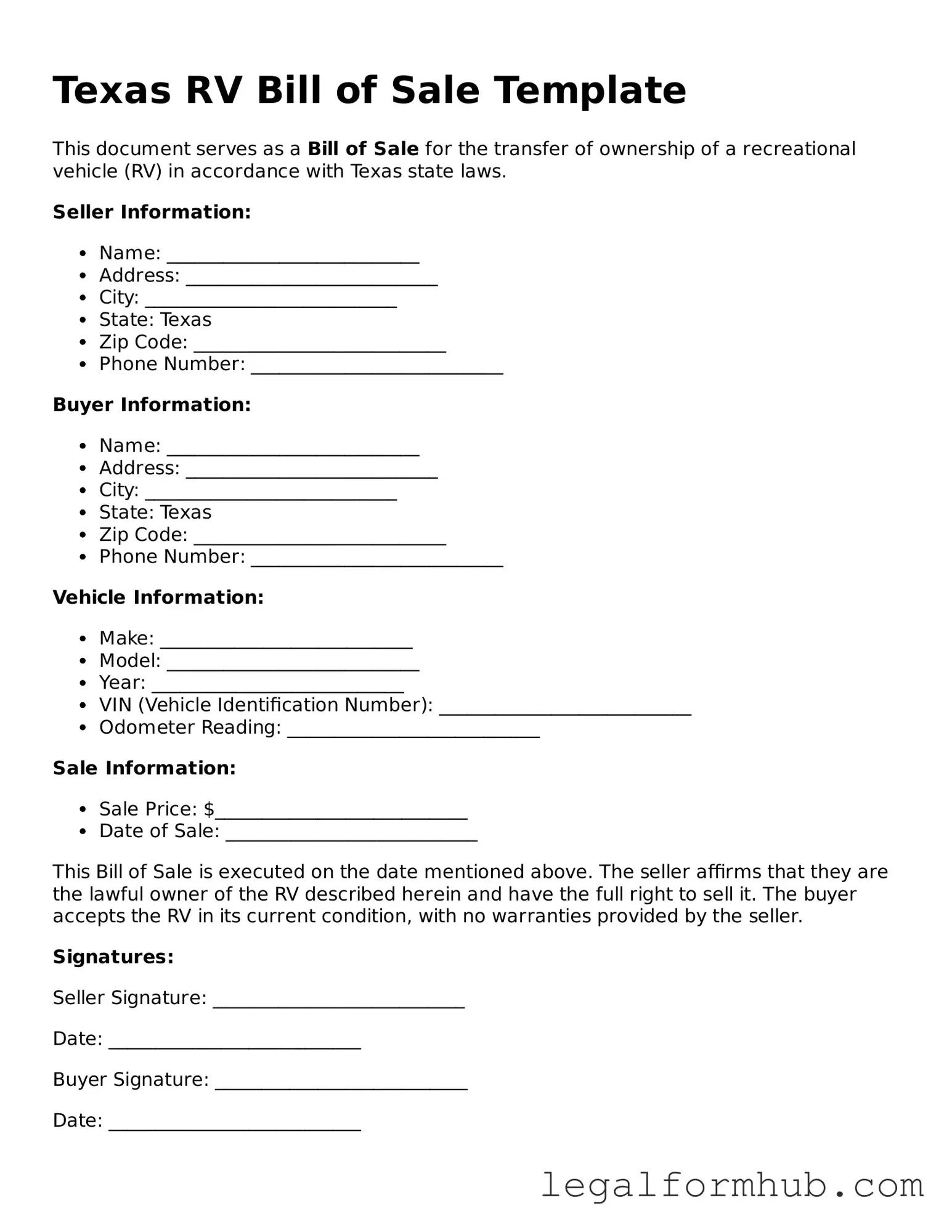 Free  RV Bill of Sale Template for Texas
