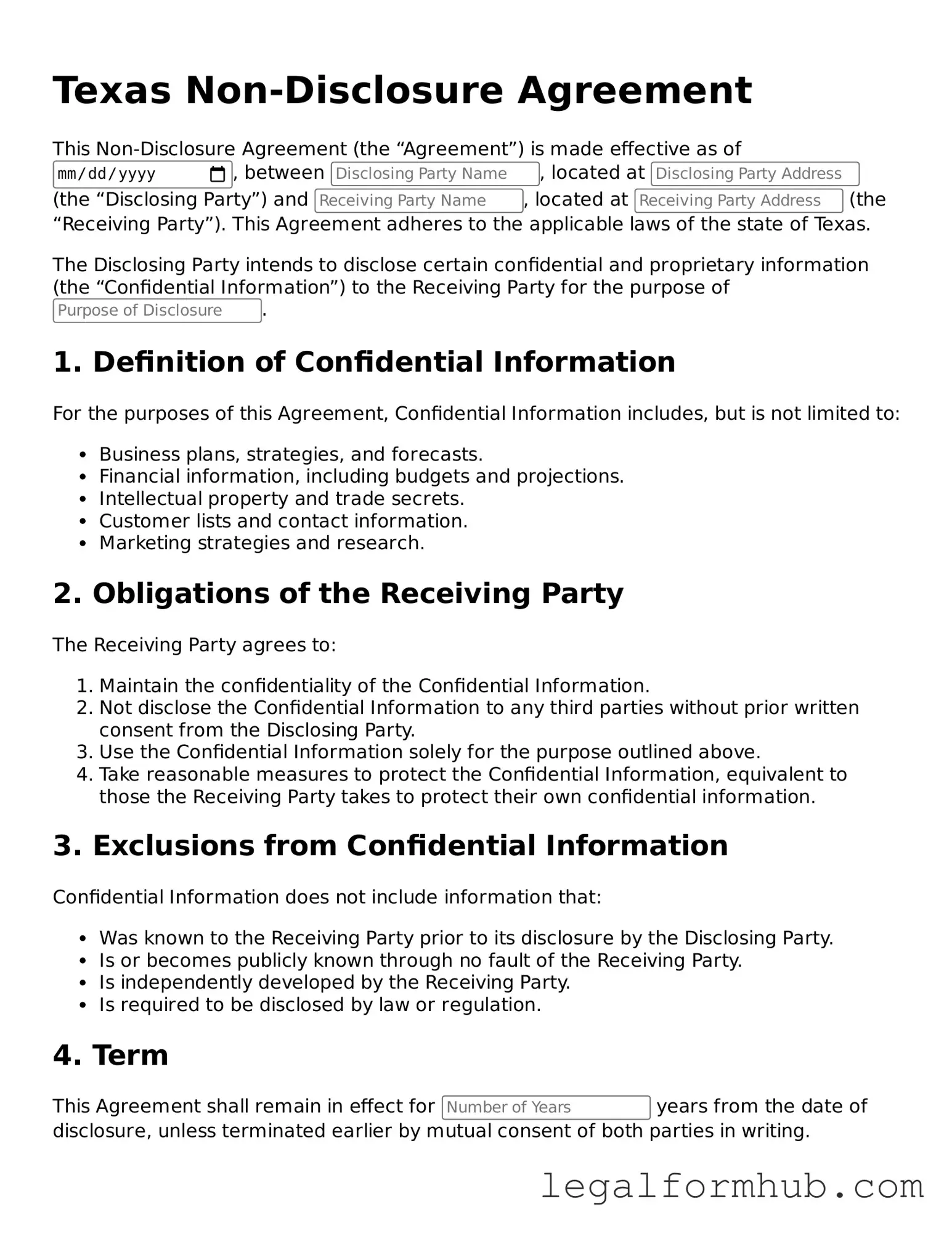 Free  Non-disclosure Agreement Template for Texas