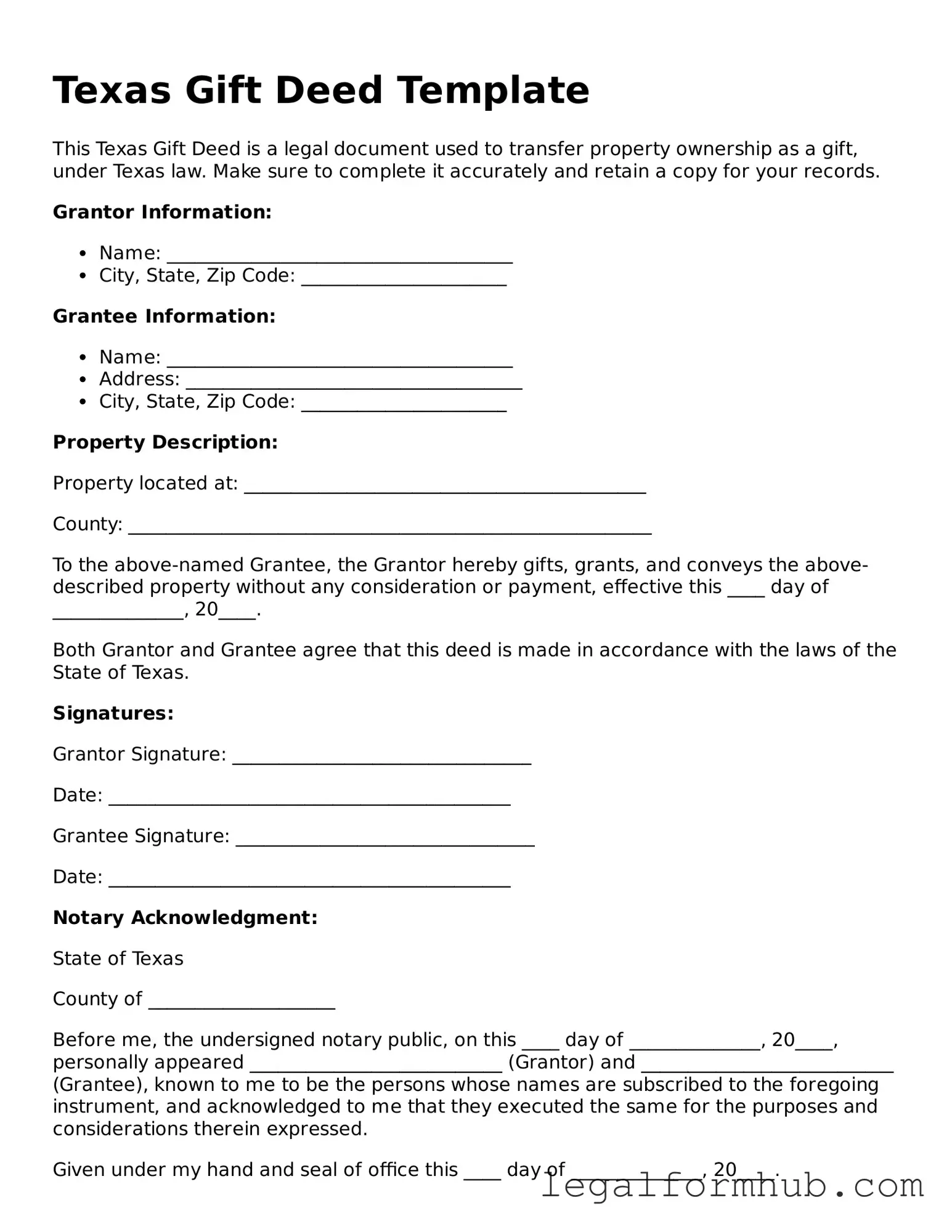 Free  Gift Deed Template for Texas