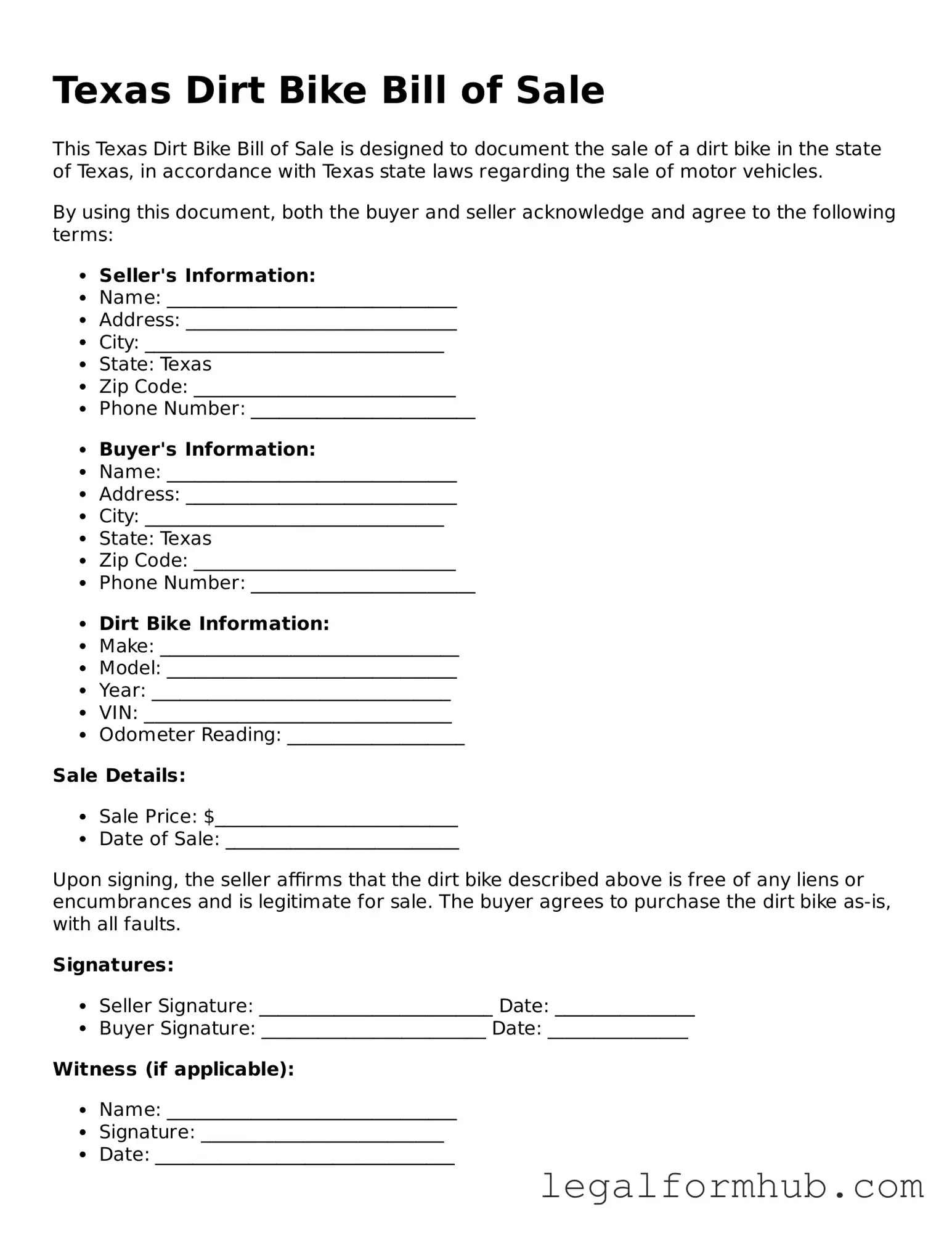 Free  Dirt Bike Bill of Sale Template for Texas