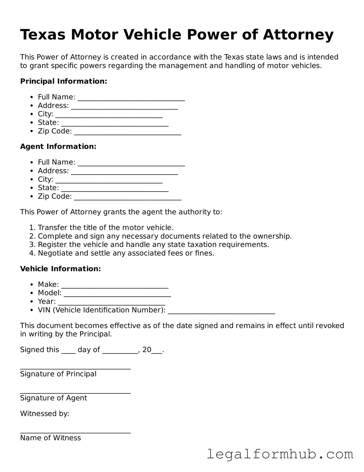 Free  Motor Vehicle Power of Attorney Template for Texas