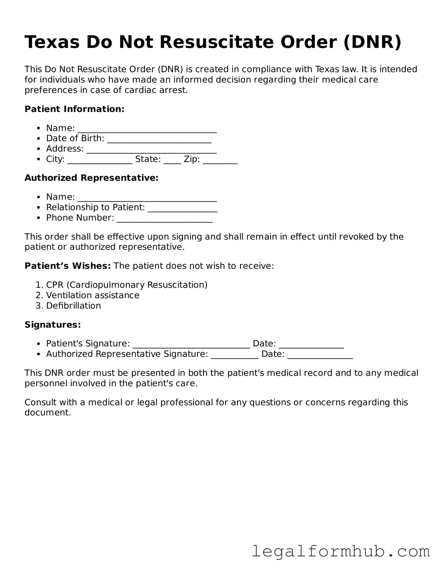 Free Do Not Resuscitate Order Template for Texas