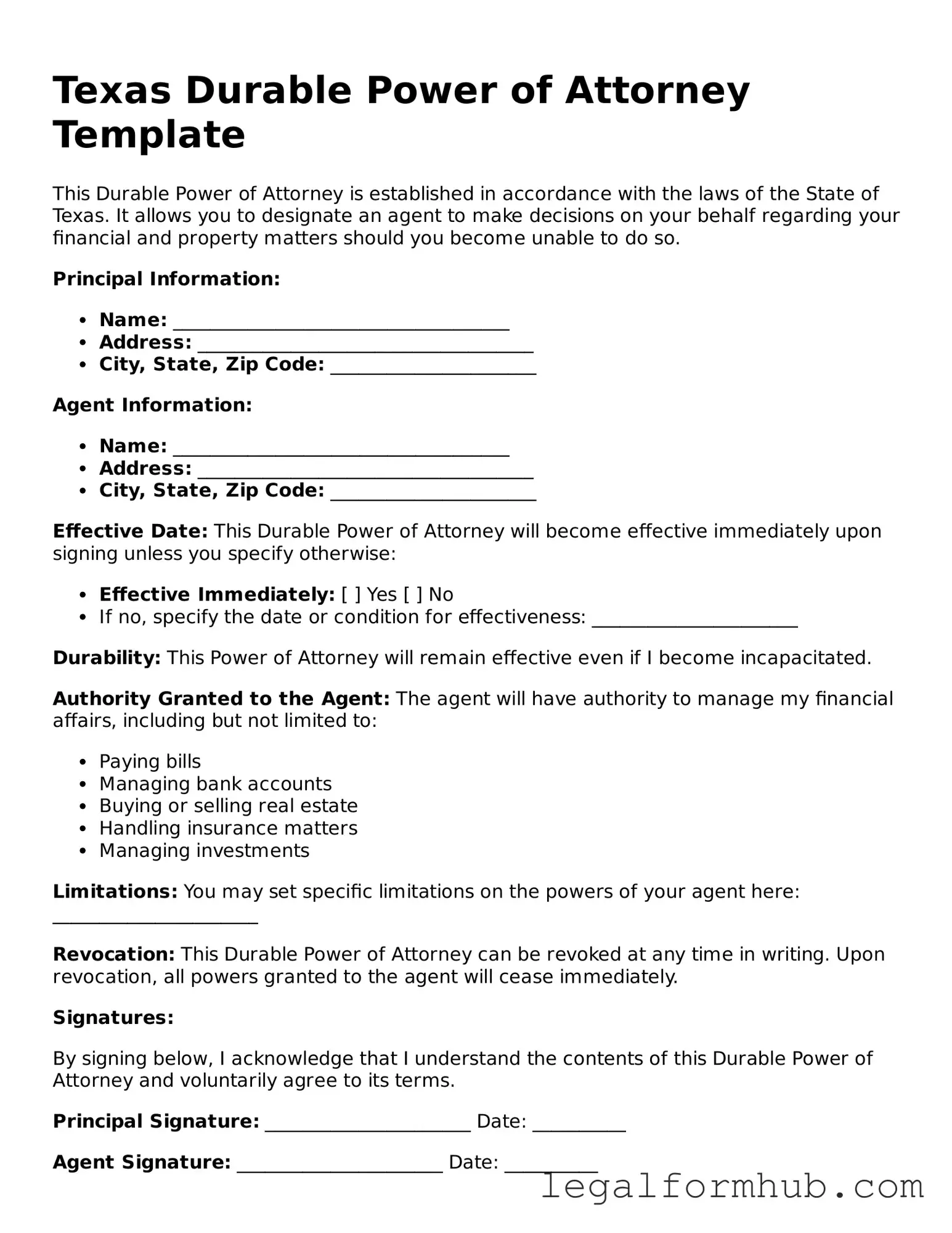 Free  Durable Power of Attorney Template for Texas
