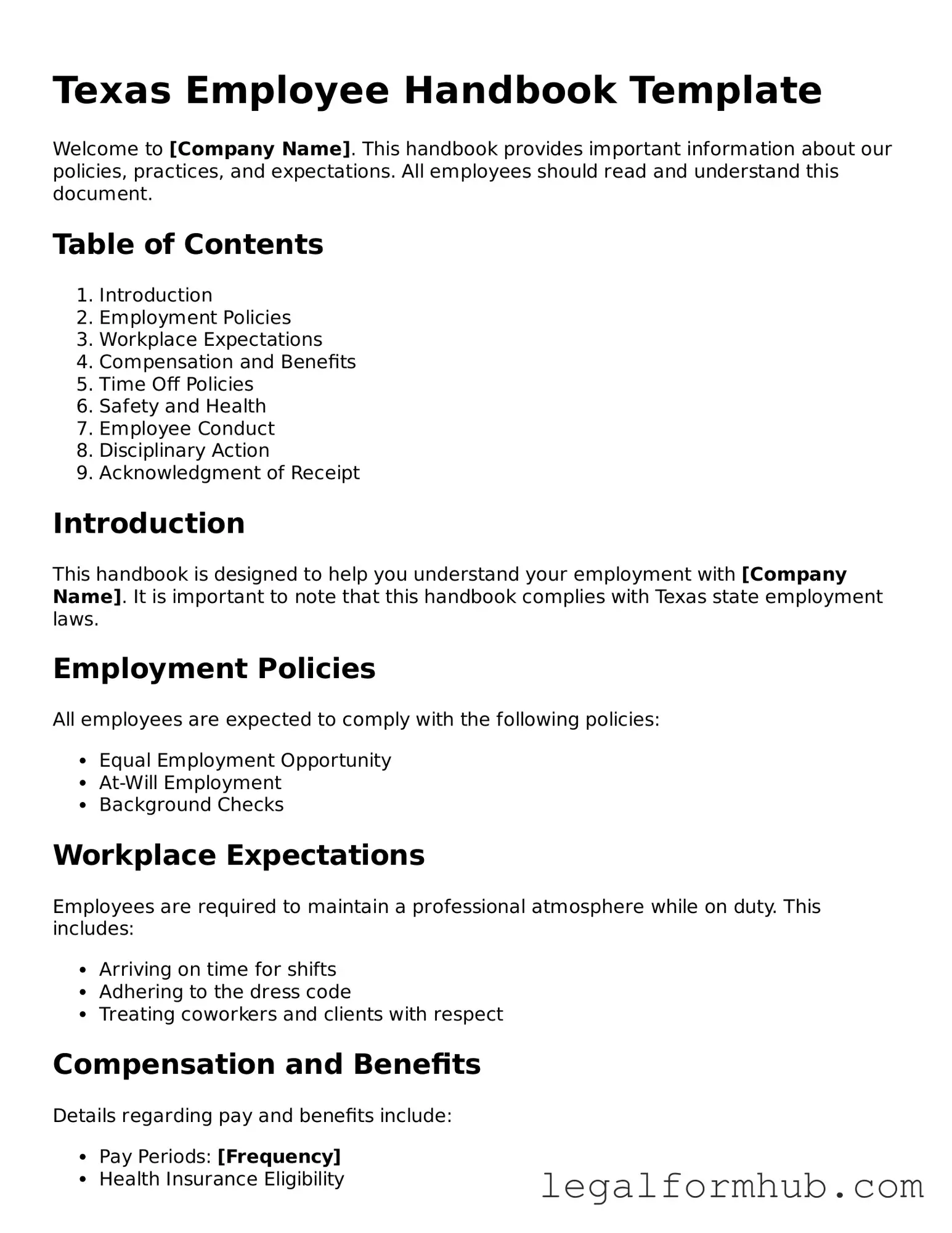 Free  Employee Handbook Template for Texas