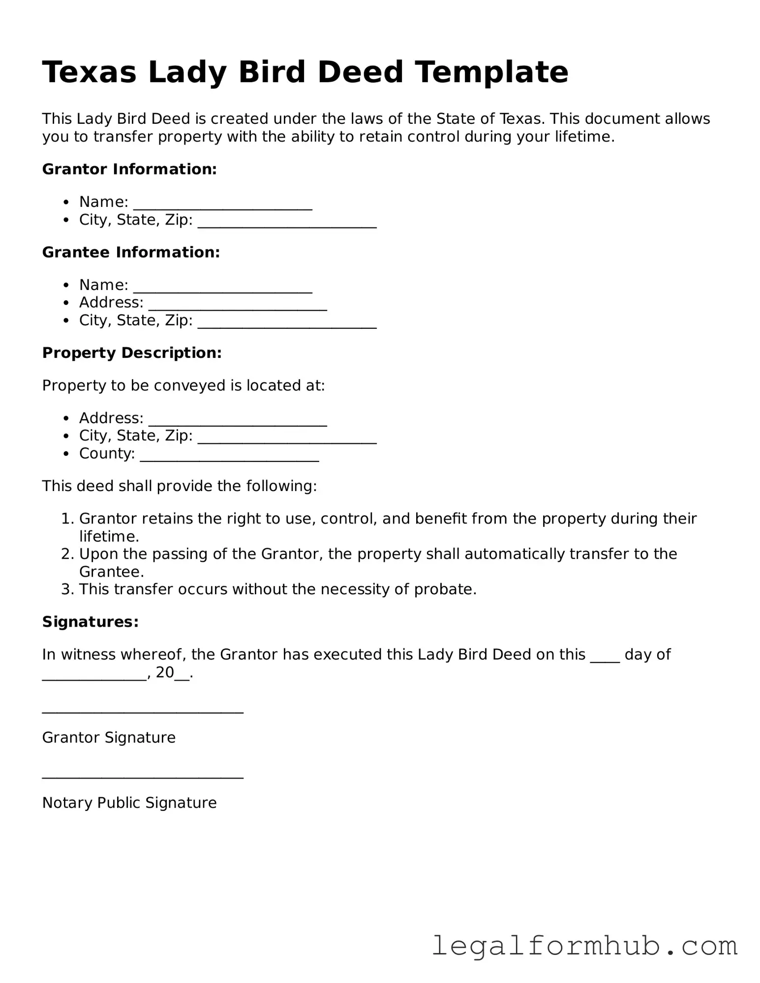 Free  Lady Bird Deed Template for Texas