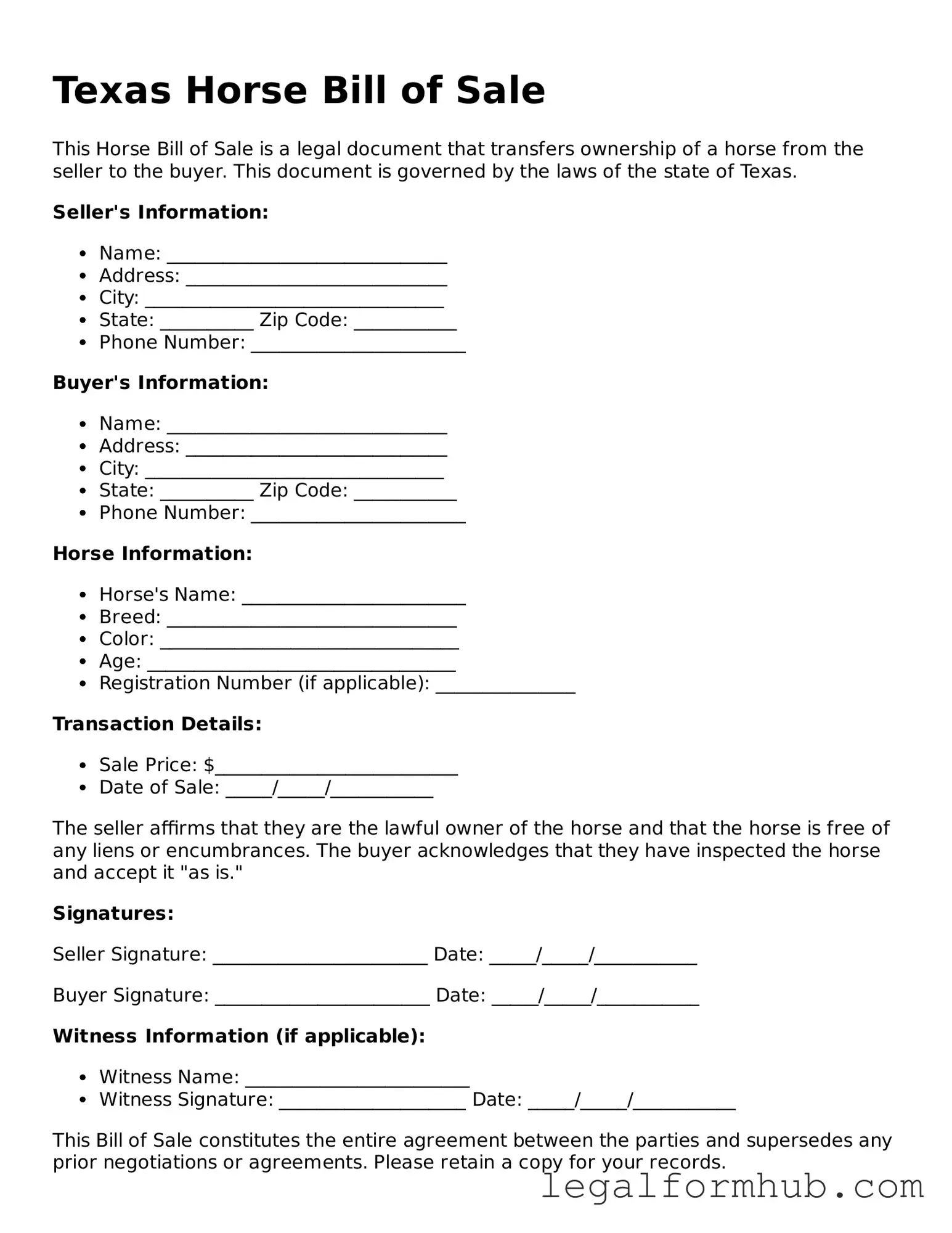 Free  Horse Bill of Sale Template for Texas