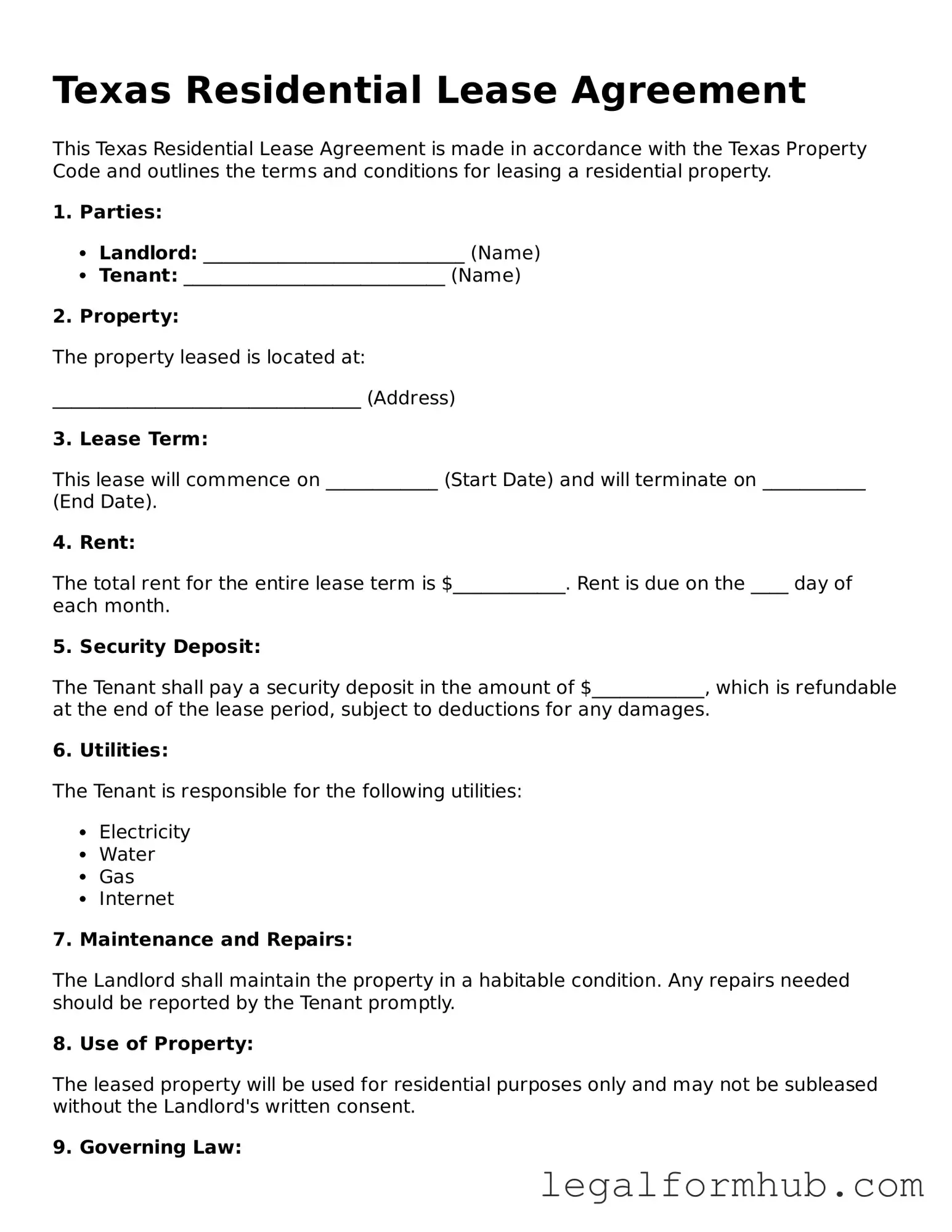 Free  Residential Lease Agreement Template for Texas