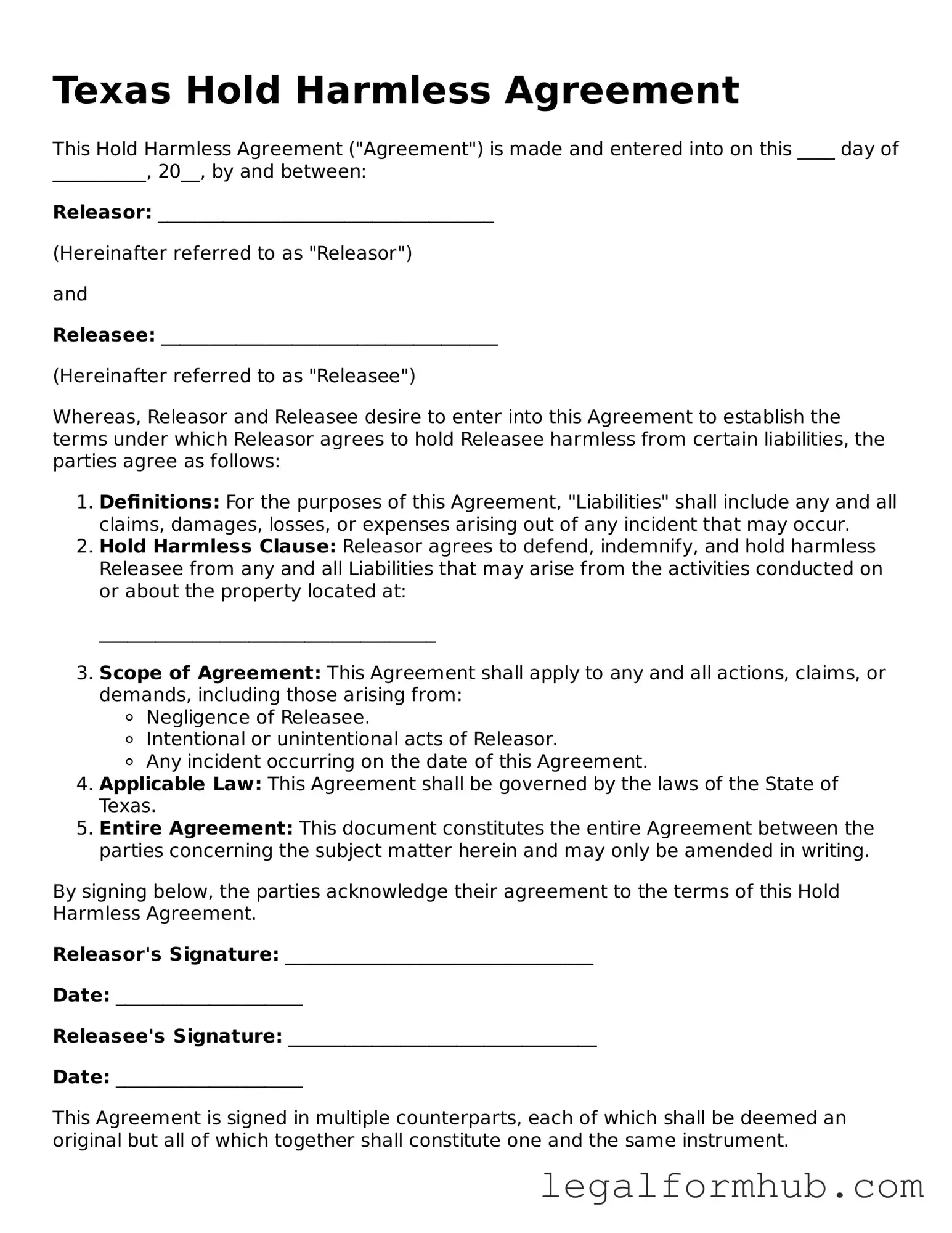 Free  Hold Harmless Agreement Template for Texas