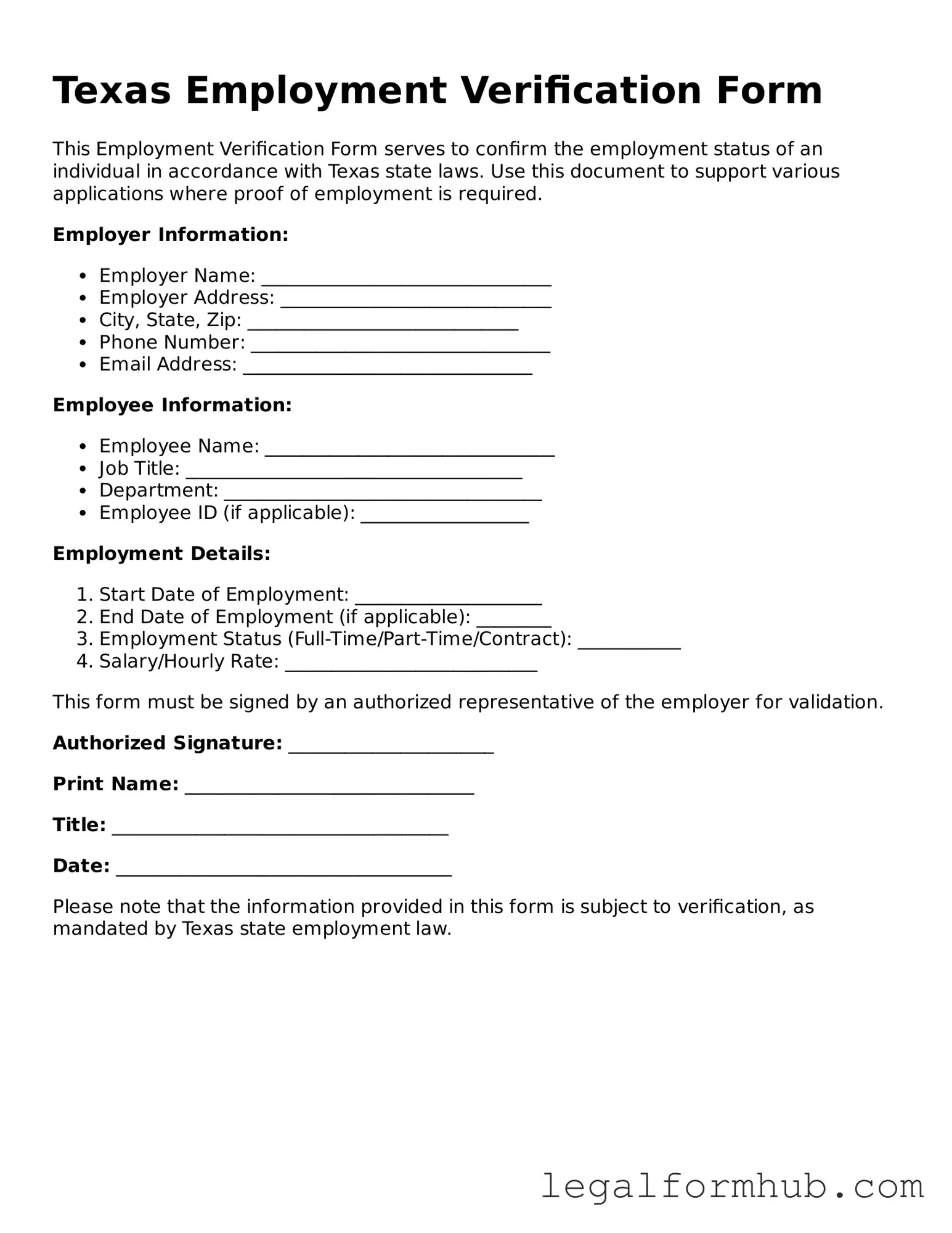 Free  Employment Verification Template for Texas