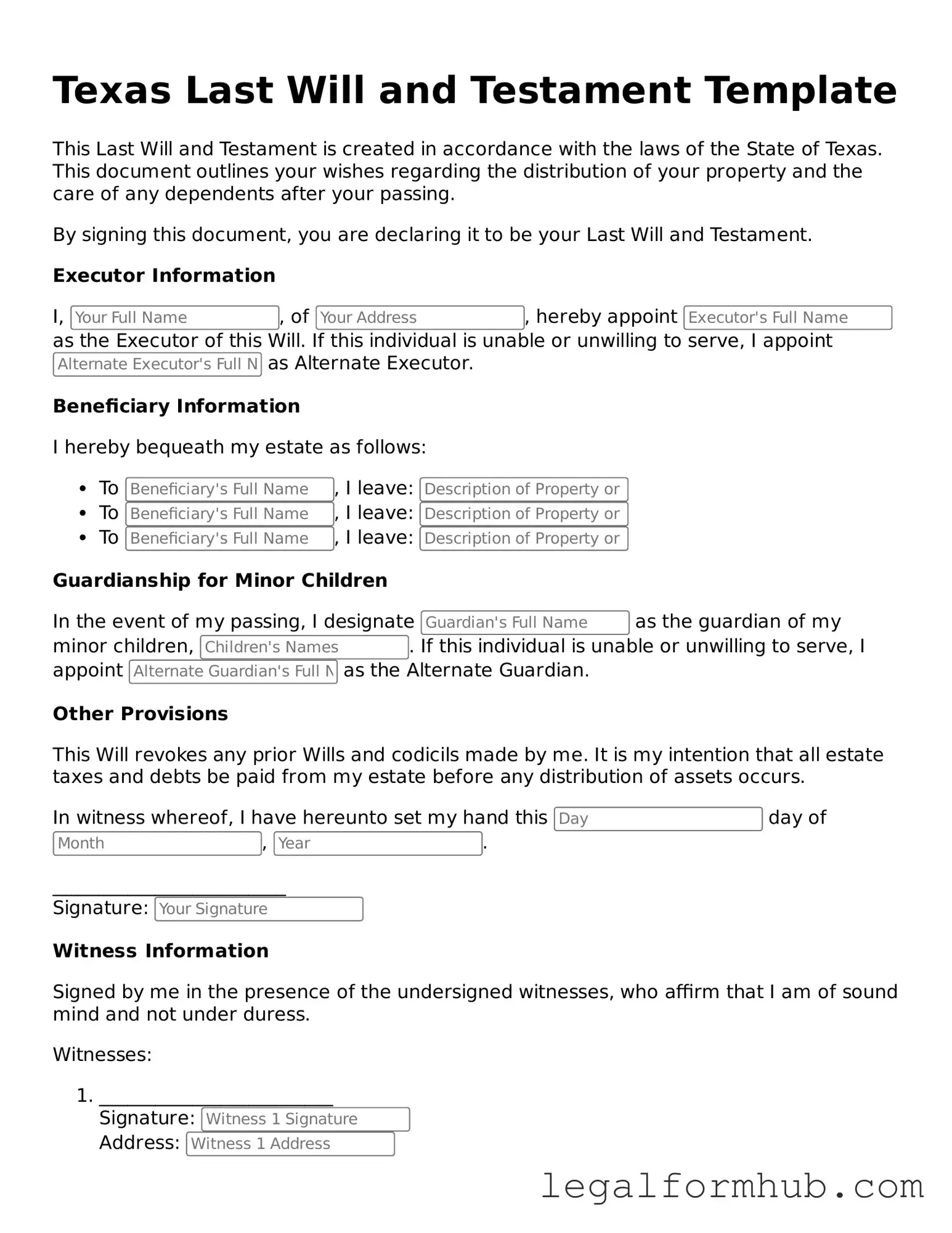 Free  Last Will and Testament Template for Texas