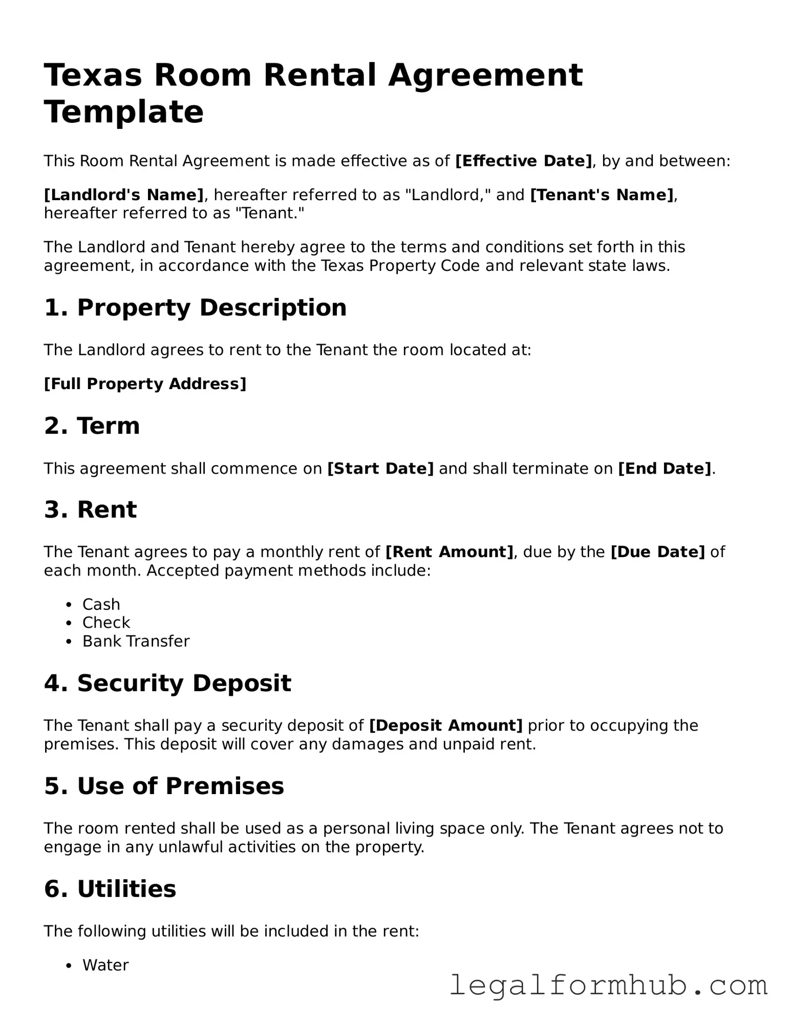 Free  Room Rental Agreement Template for Texas
