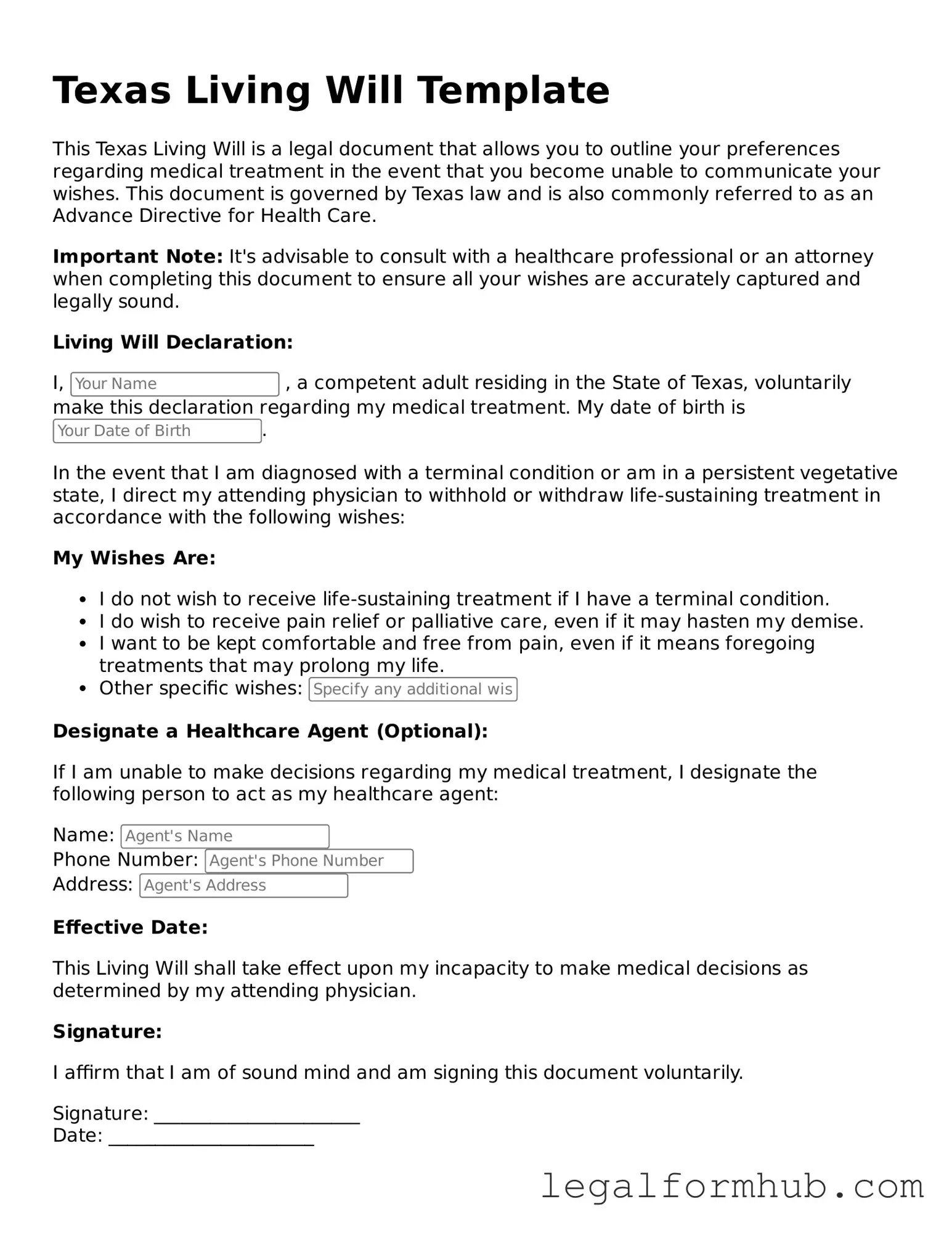 Free  Living Will Template for Texas
