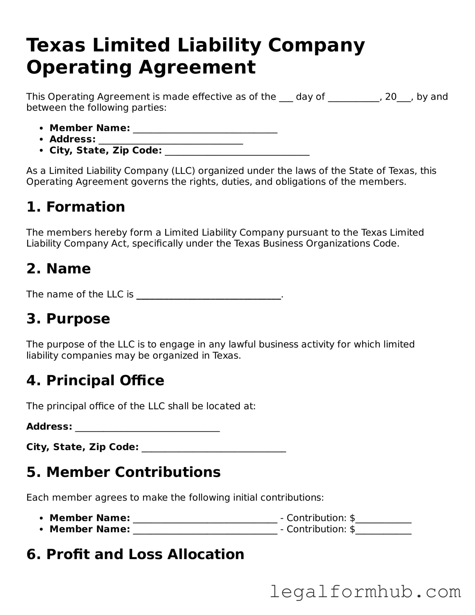Free  Operating Agreement Template for Texas