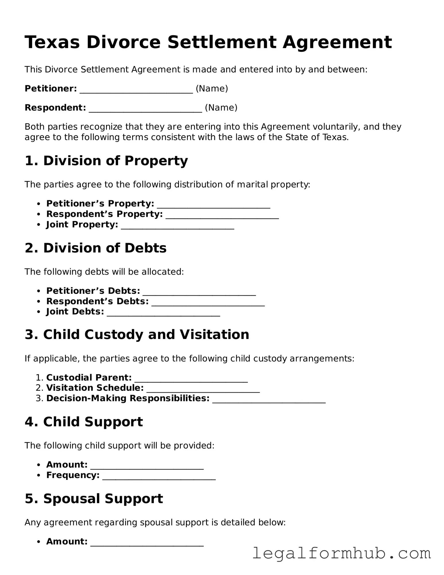 Free  Divorce Settlement Agreement Template for Texas
