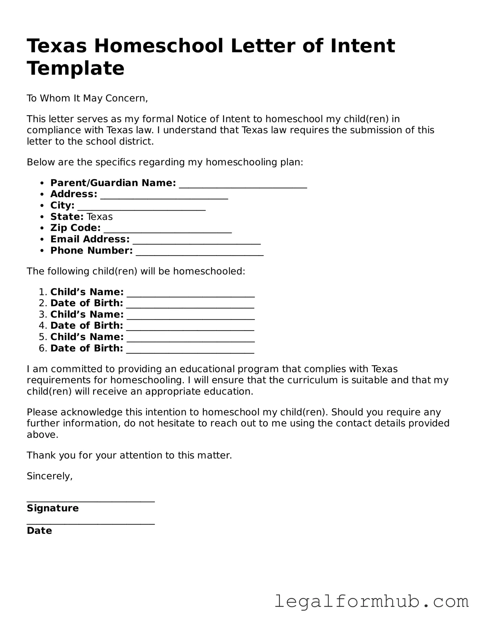 Free  Homeschool Letter of Intent Template for Texas