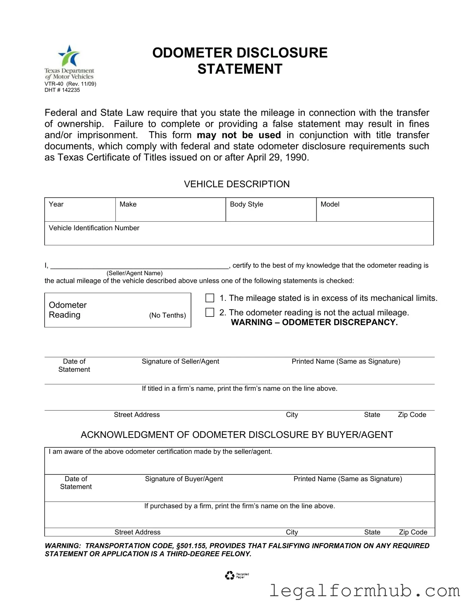 Fill Your Texas Odometer Statement Form