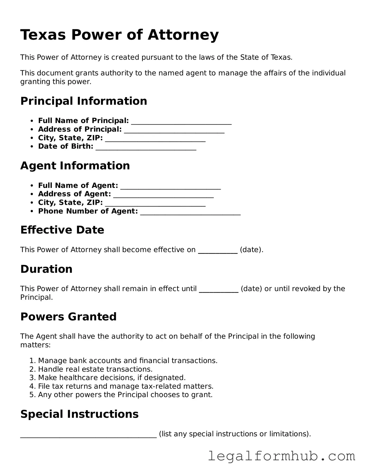 Free  Power of Attorney Template for Texas