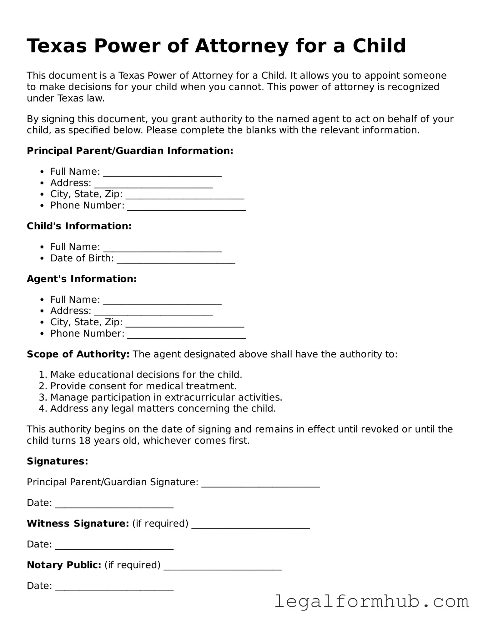 Free  Power of Attorney for a Child Template for Texas