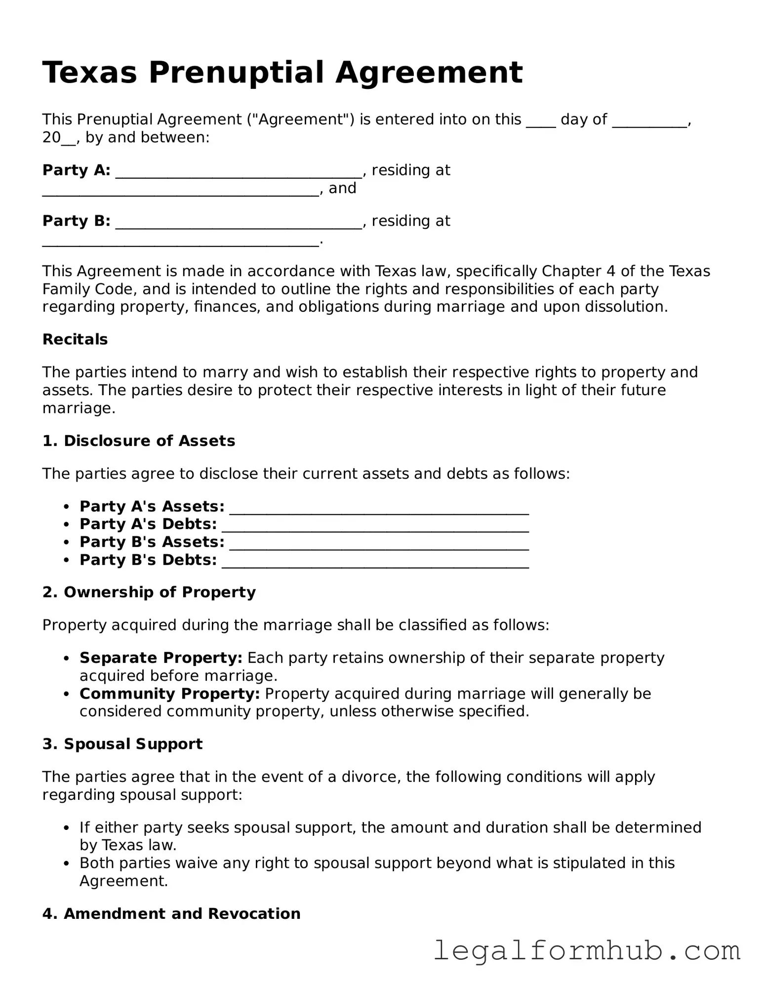 Free  Prenuptial Agreement Template for Texas