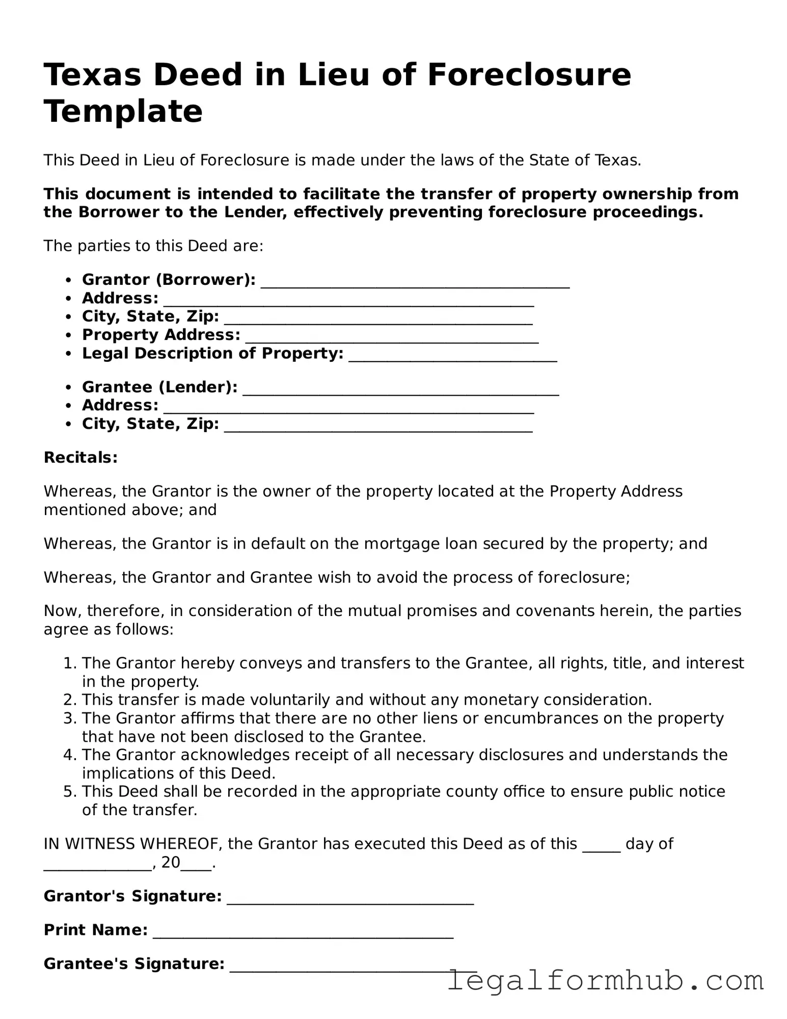 Free  Deed in Lieu of Foreclosure Template for Texas