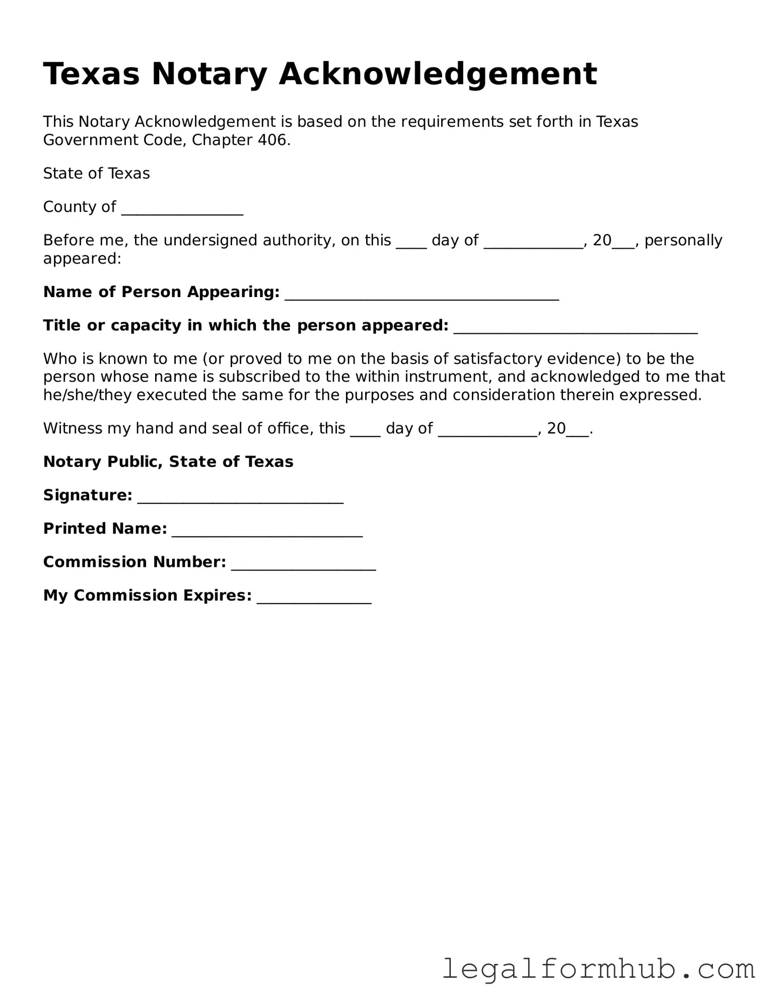Free  Notary Acknowledgement Template for Texas