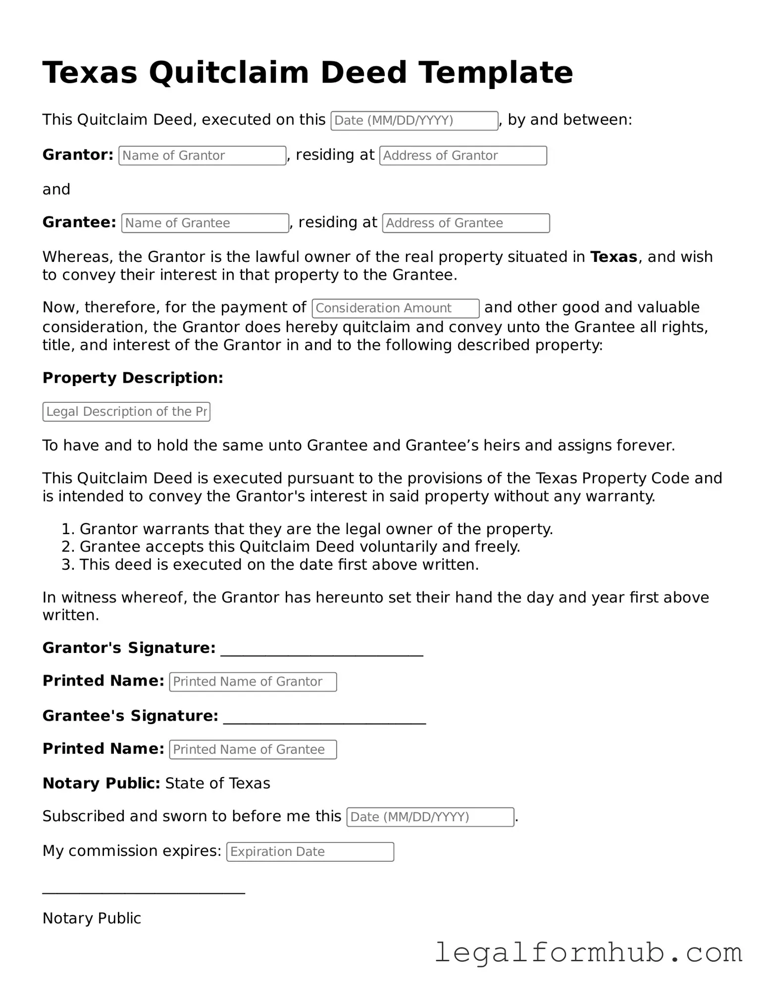 Free  Quitclaim Deed Template for Texas