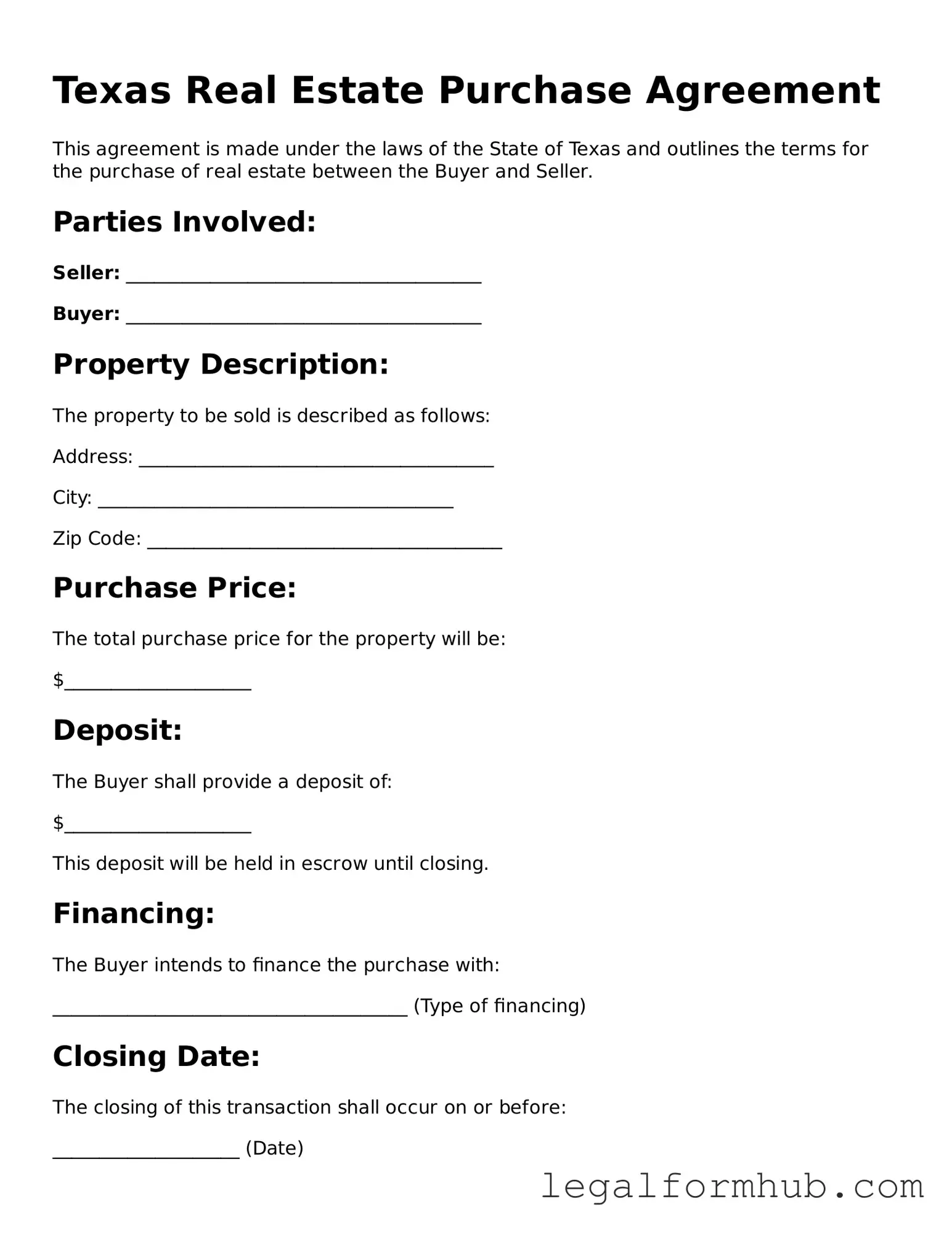 Free  Real Estate Purchase Agreement Template for Texas
