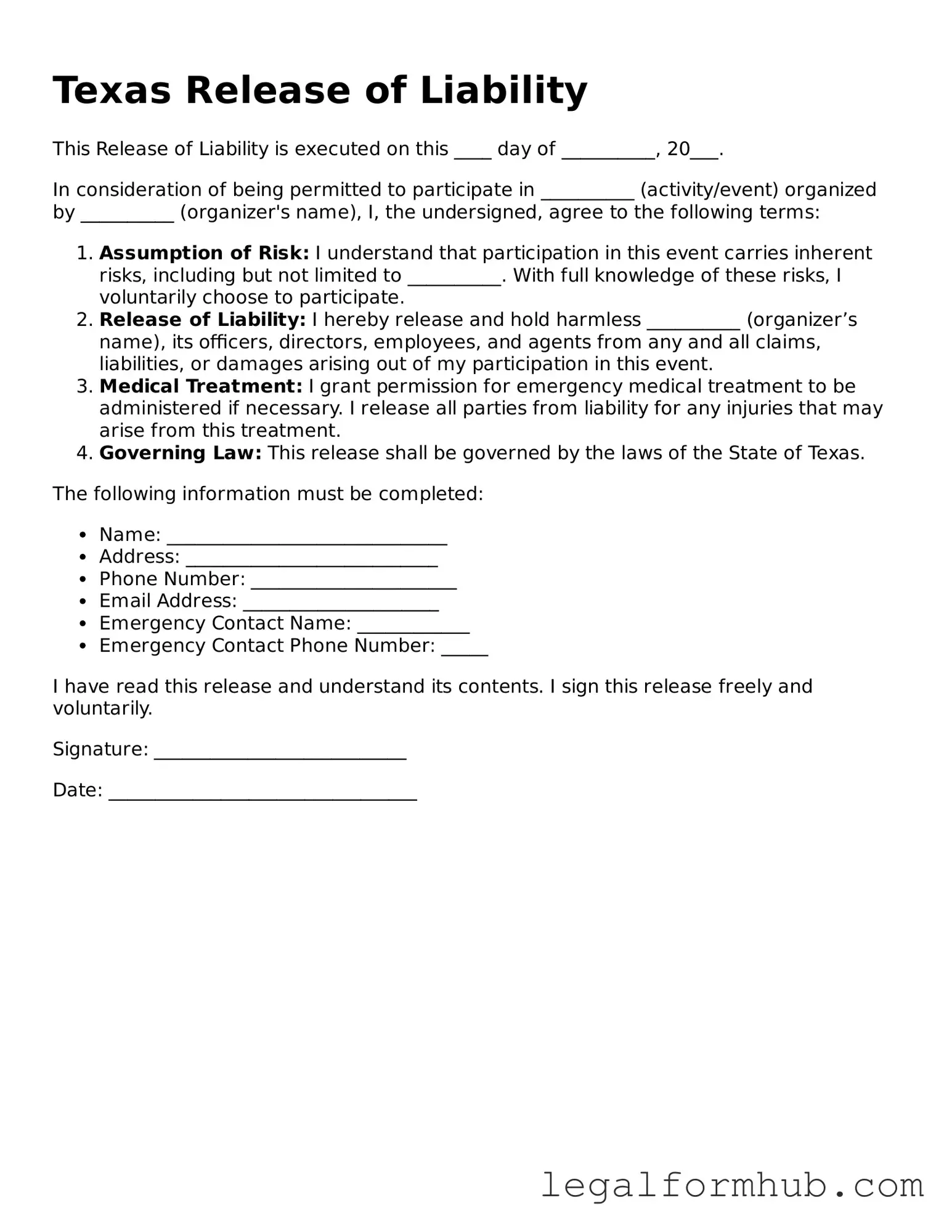 Free  Release of Liability Template for Texas