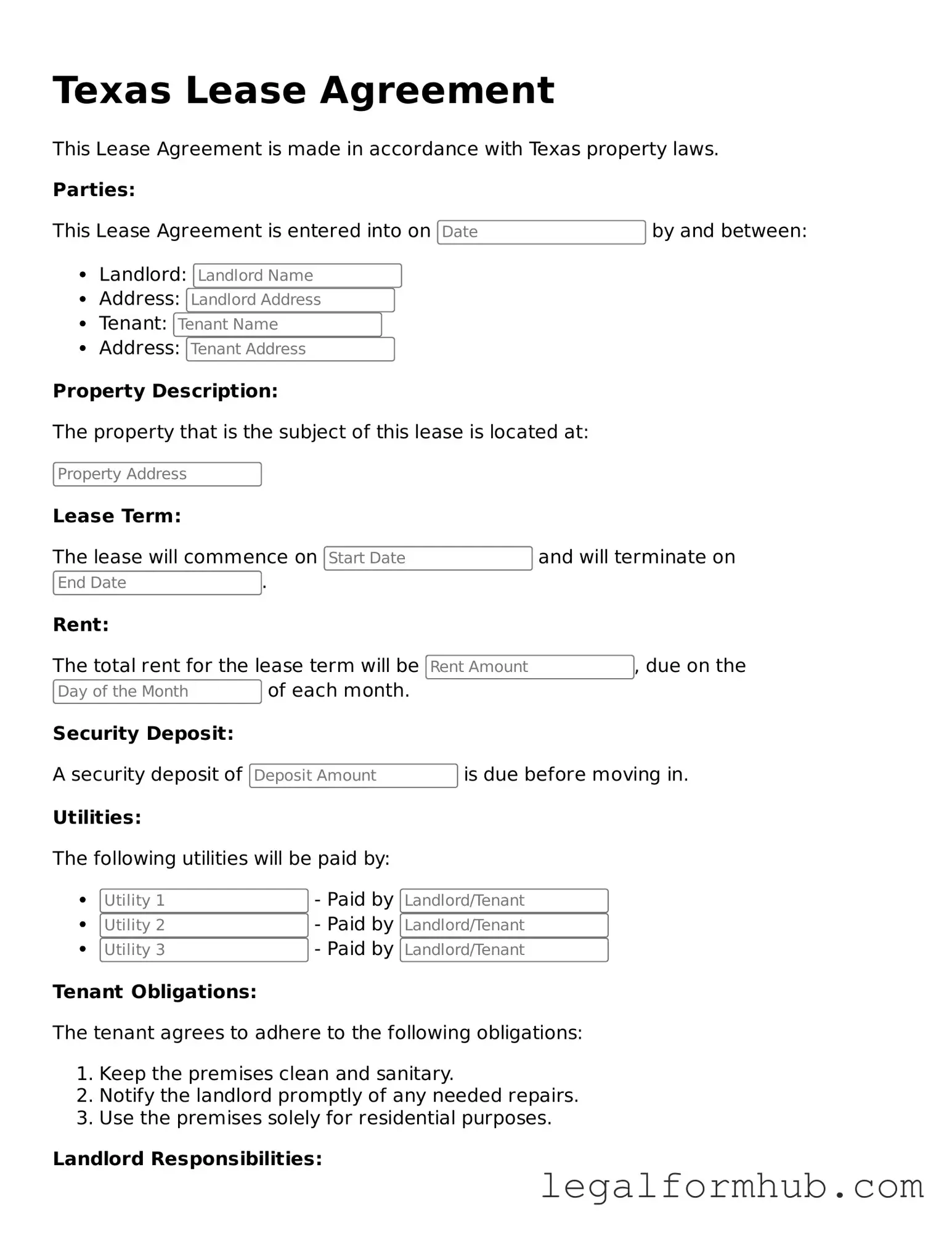 Free  Lease Agreement Template for Texas