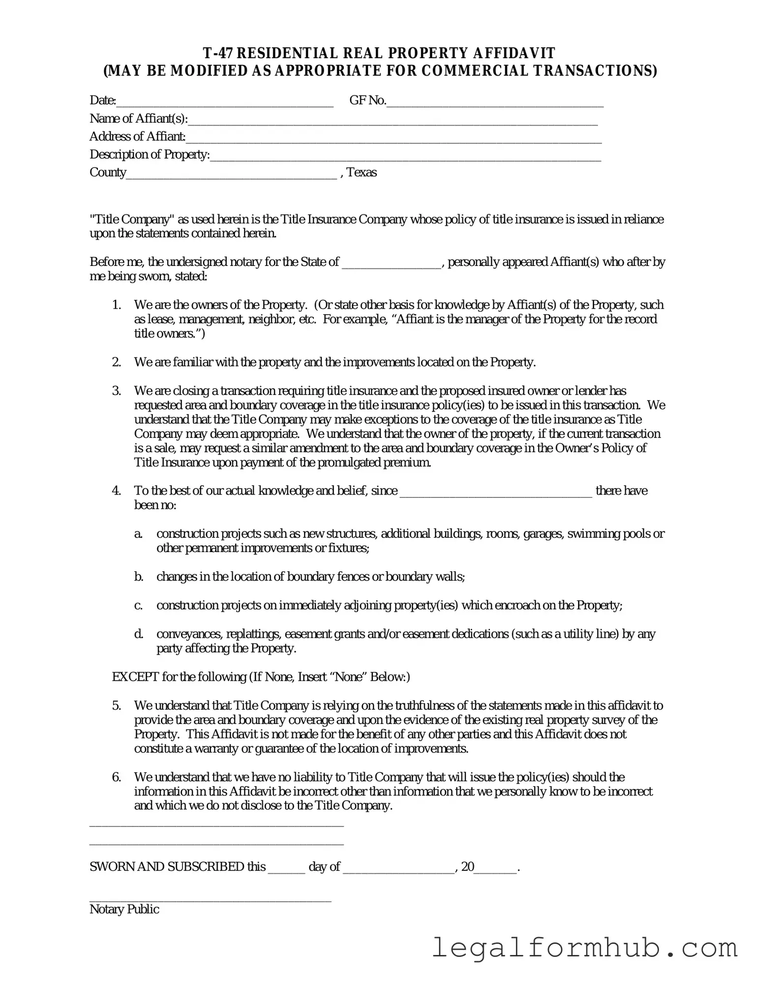 Fill Your Texas residential property affidavit T-47 Form