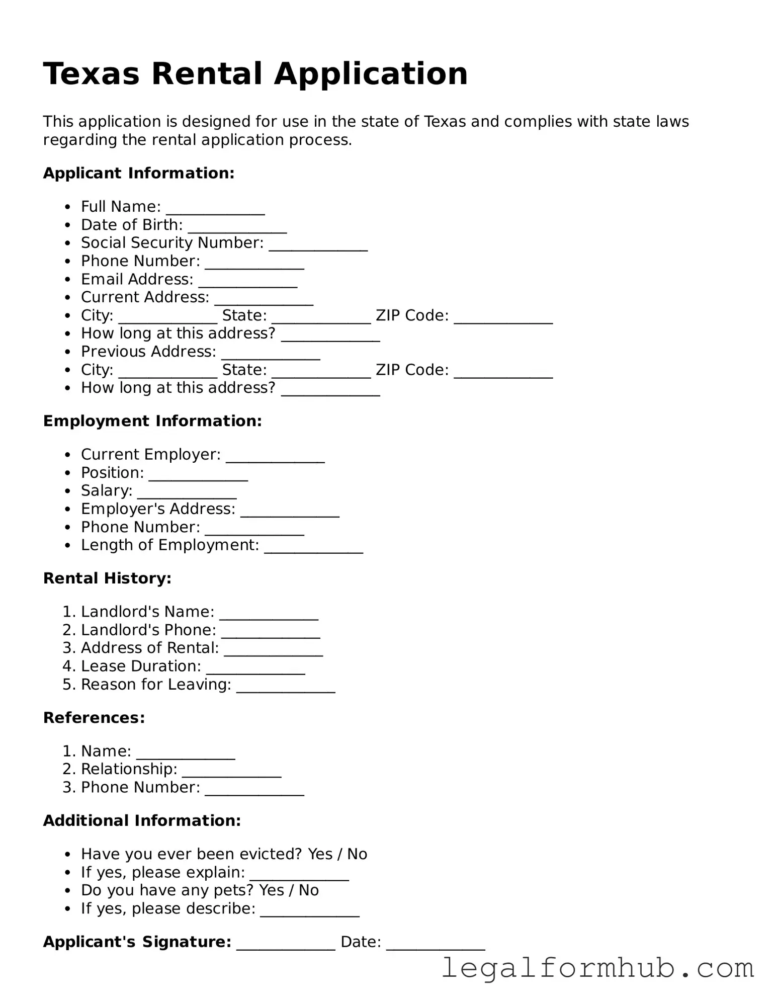 Free  Rental Application Template for Texas