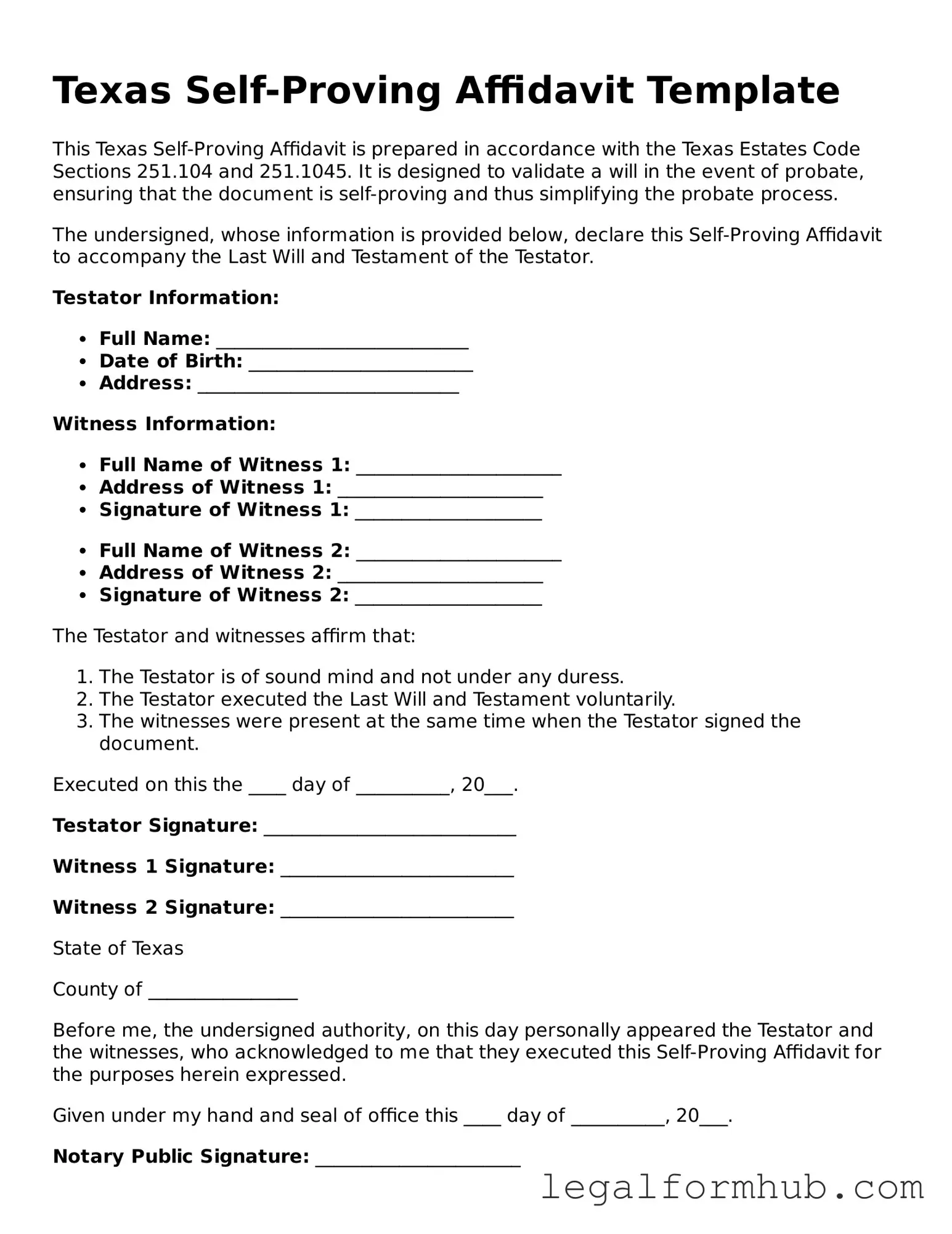 Free  Self-Proving Affidavit Template for Texas