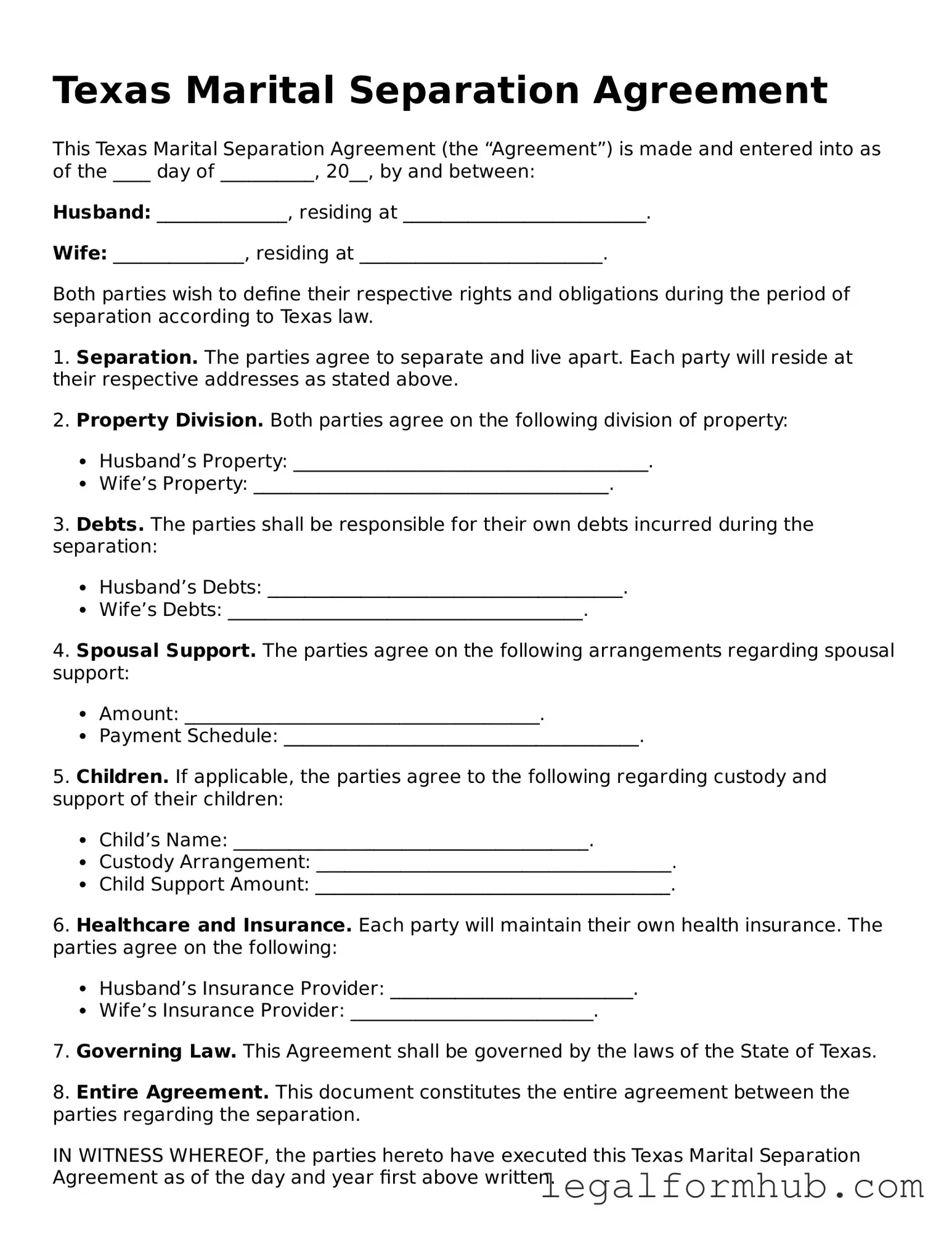 Free  Marital Separation Agreement Template for Texas