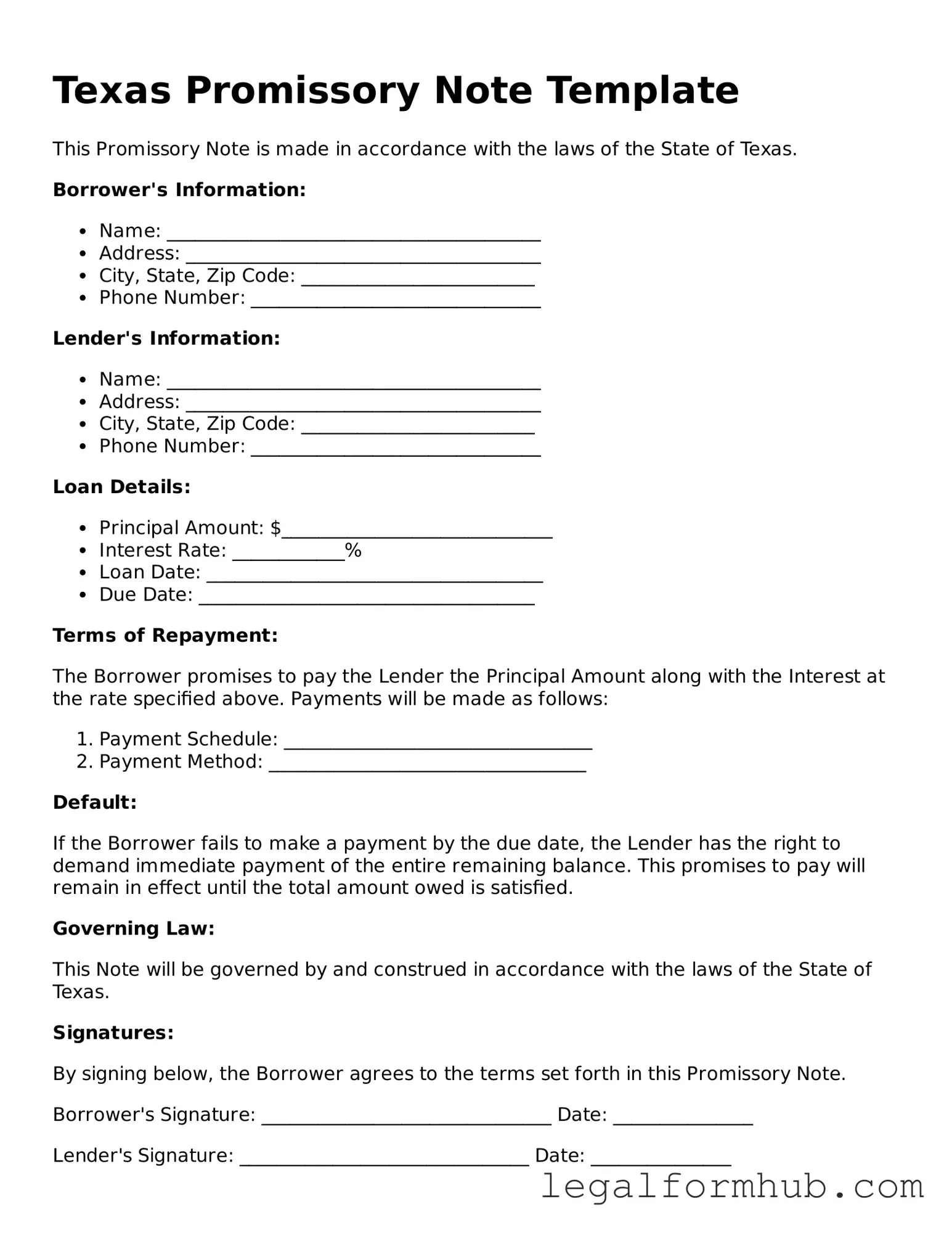 Free  Promissory Note Template for Texas