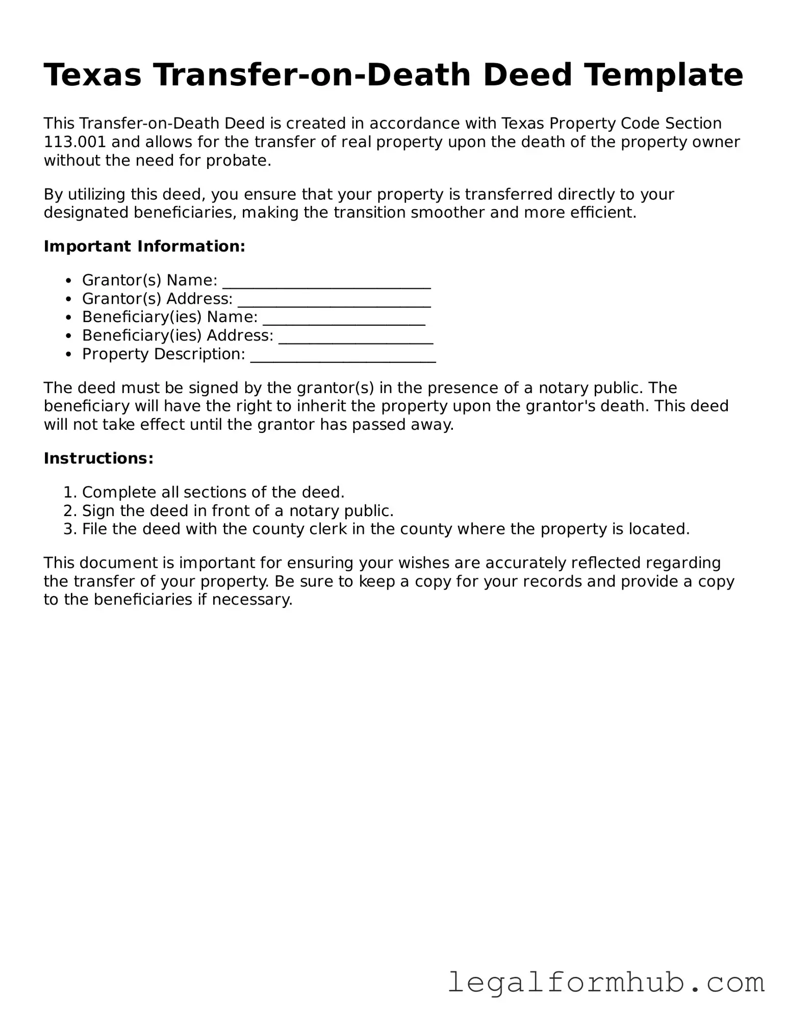 Free  Transfer-on-Death Deed Template for Texas