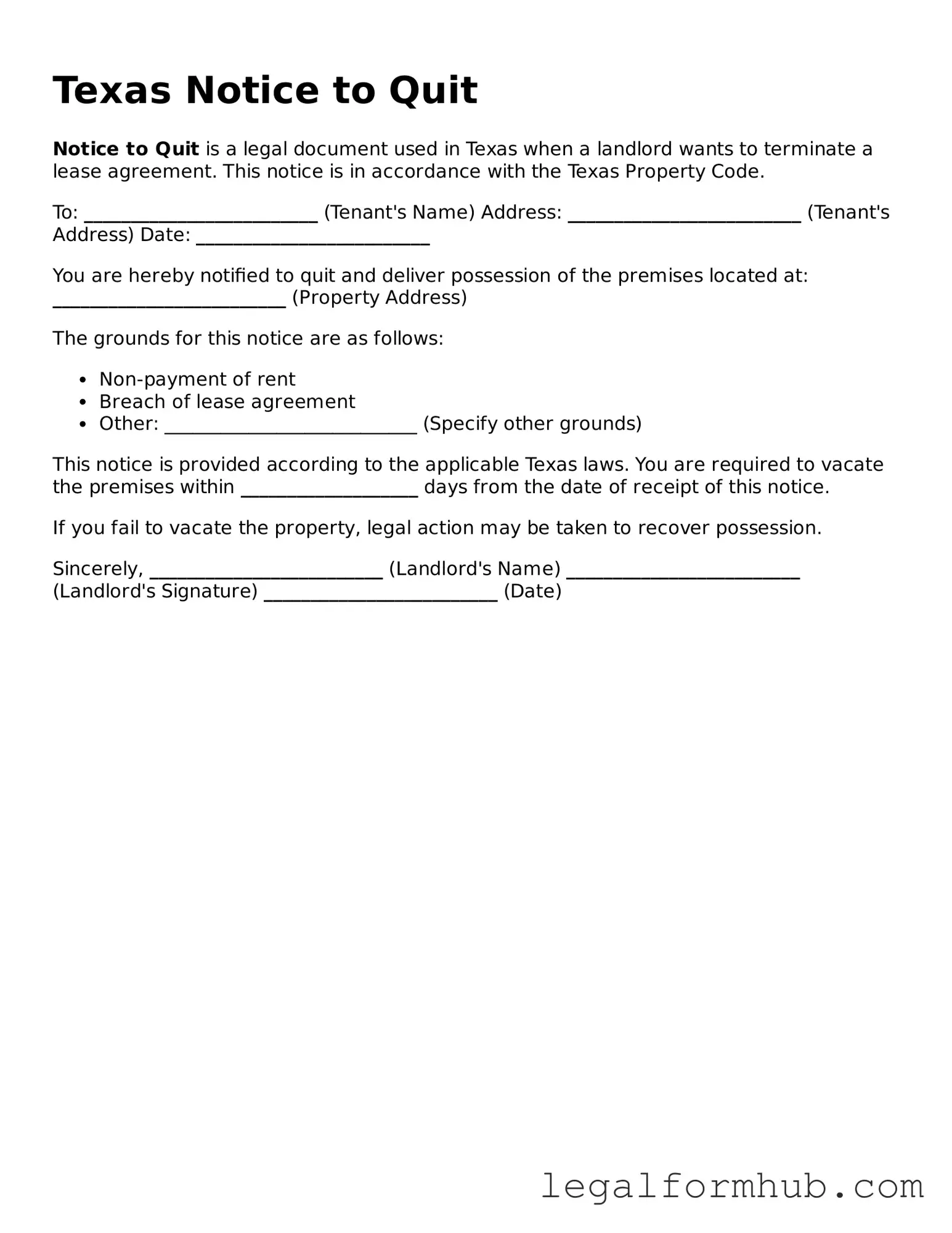 Free  Notice to Quit Template for Texas