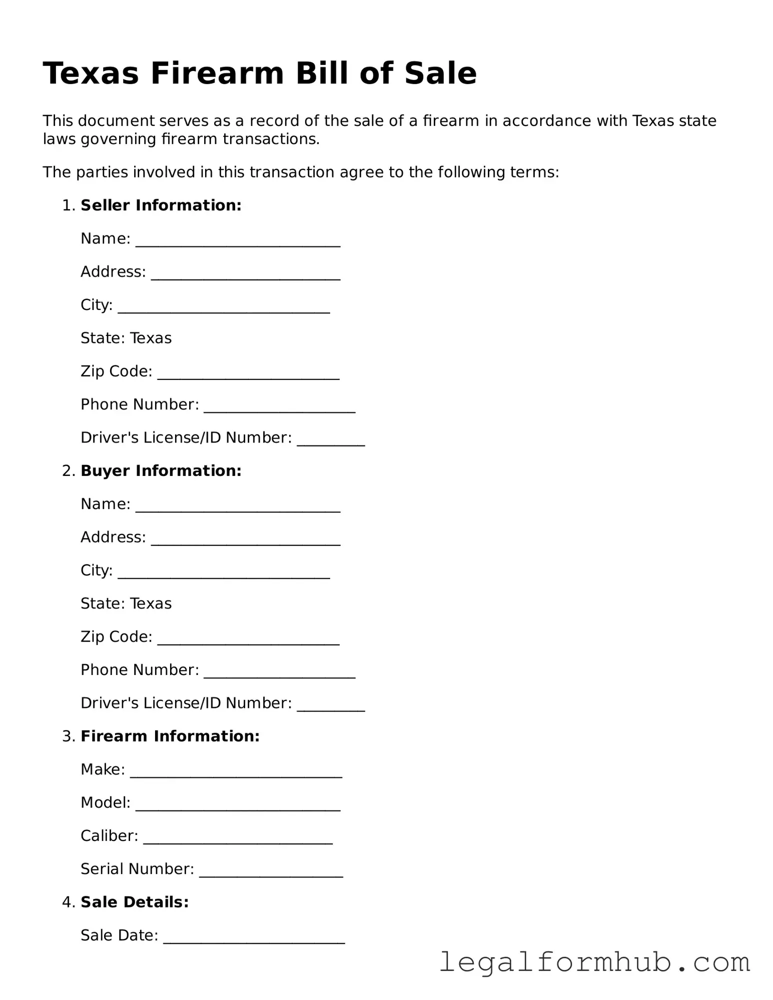 Free  Firearm Bill of Sale Template for Texas