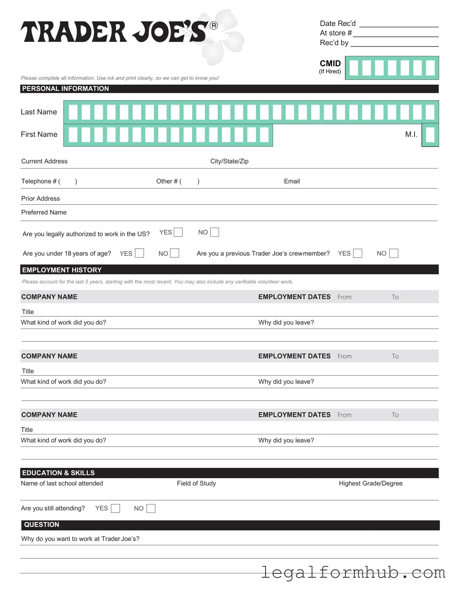 Fill Your Trader Joe's application Form