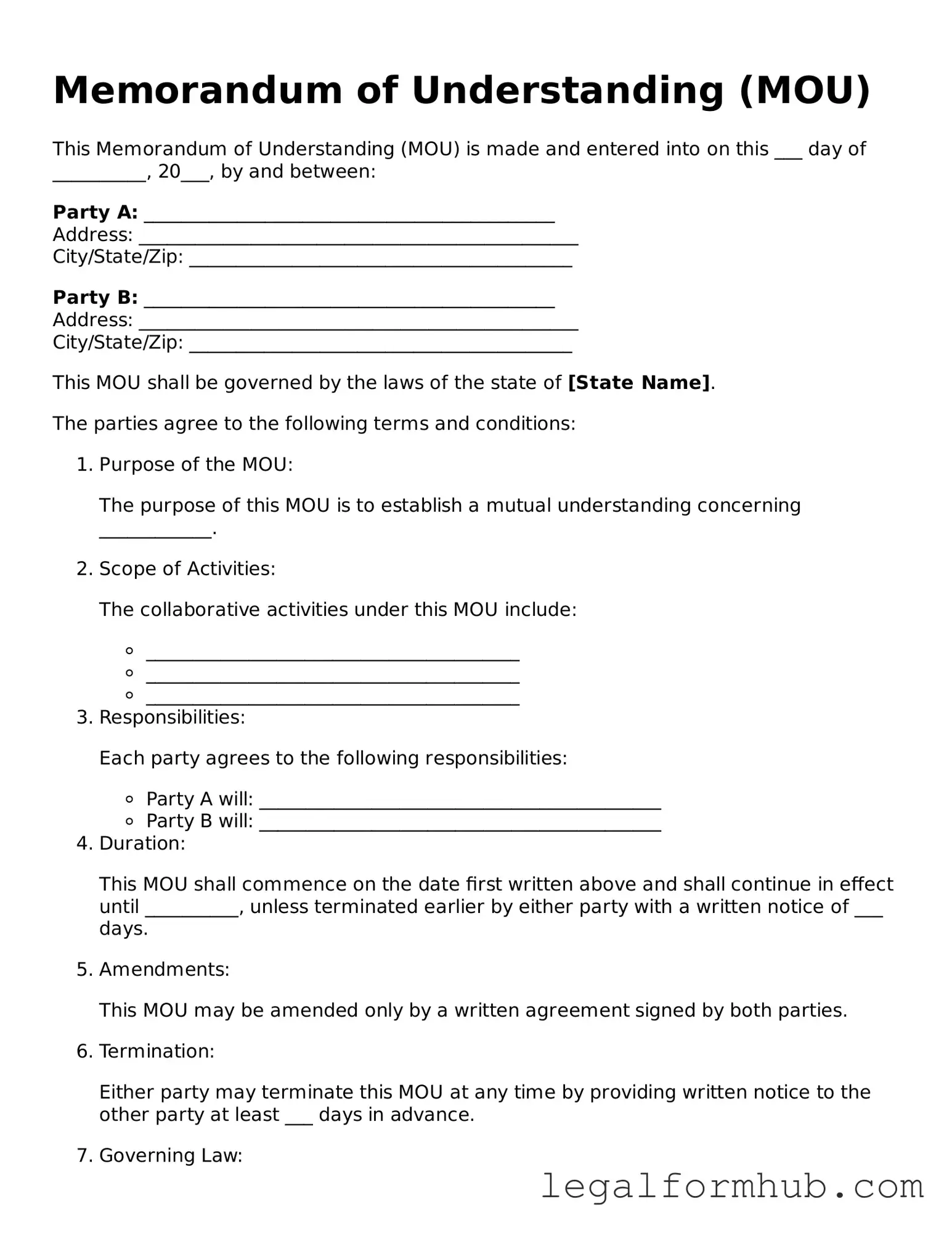 Printable Memorandum of Understanding Document