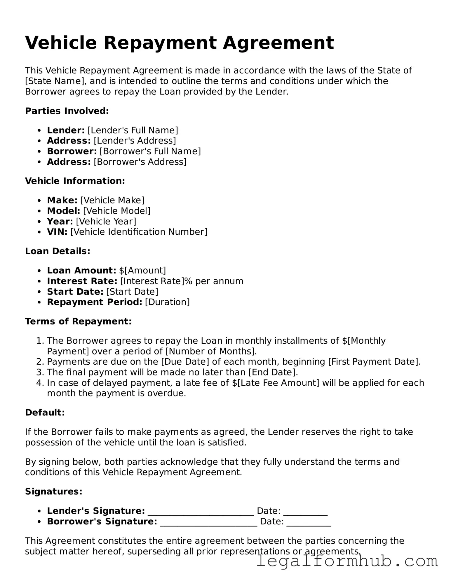 Printable Vehicle Repayment Agreement Document